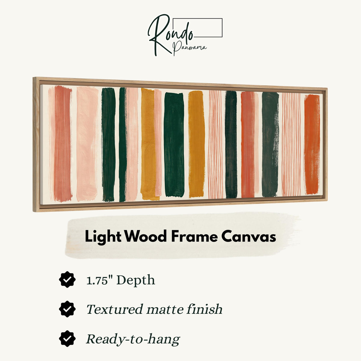 Mixed stripe blocks in terracotta, pink and green canvas print in a light wood floating frame