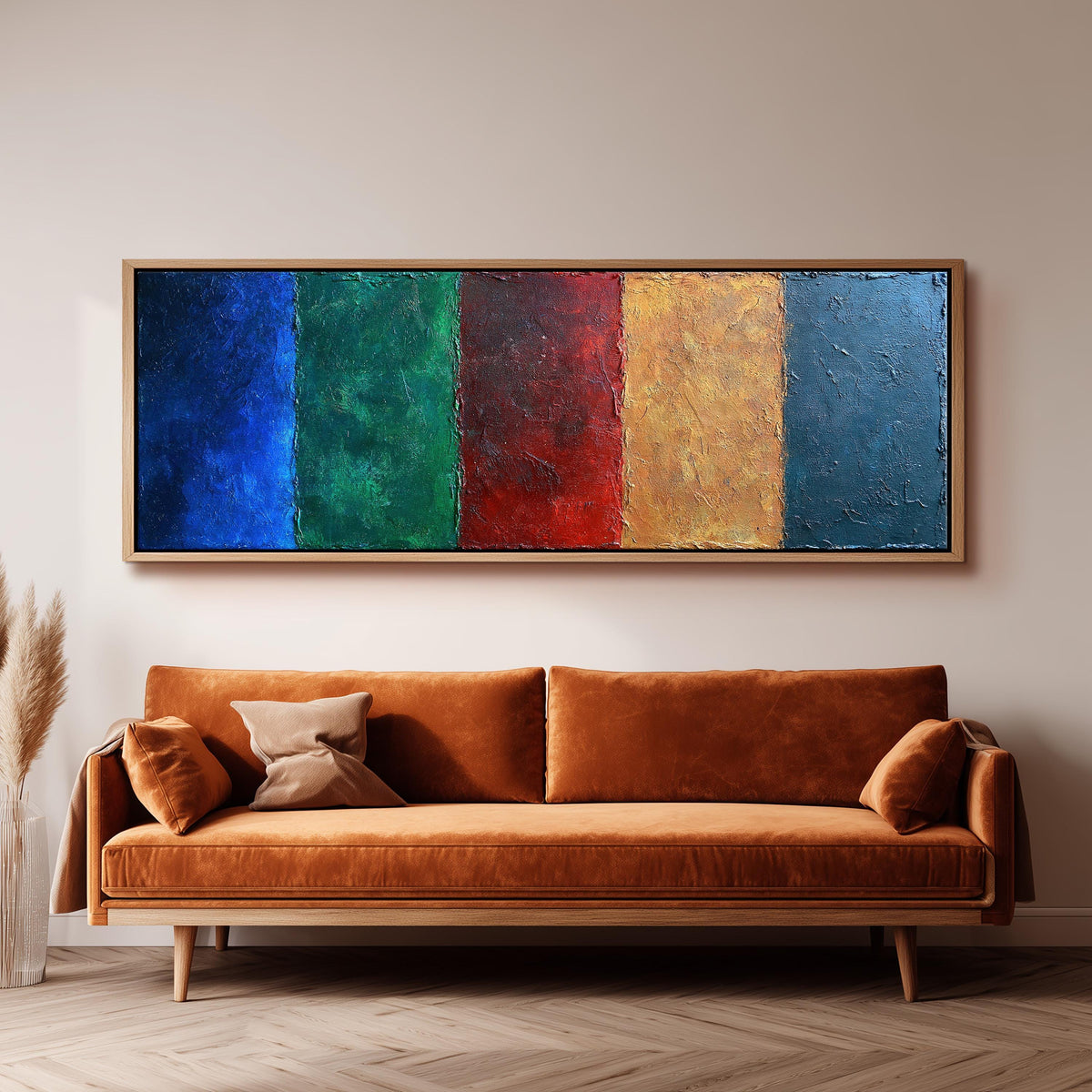 Textured jewel tone vertical bands wide panoramic canvas print above a bench in a dark living room