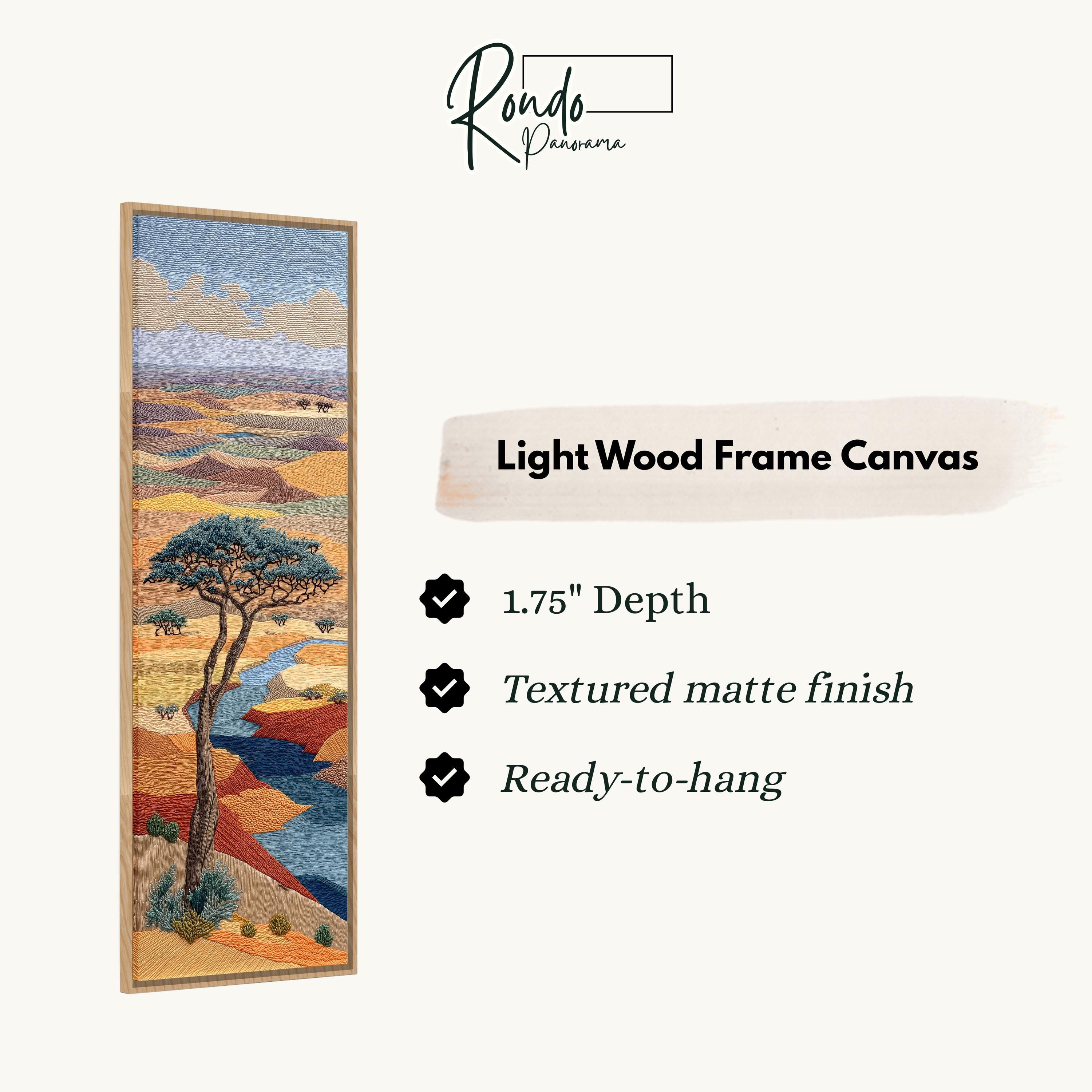 The image is a light wood frame canvas depicting a landscape with a tree and a river.