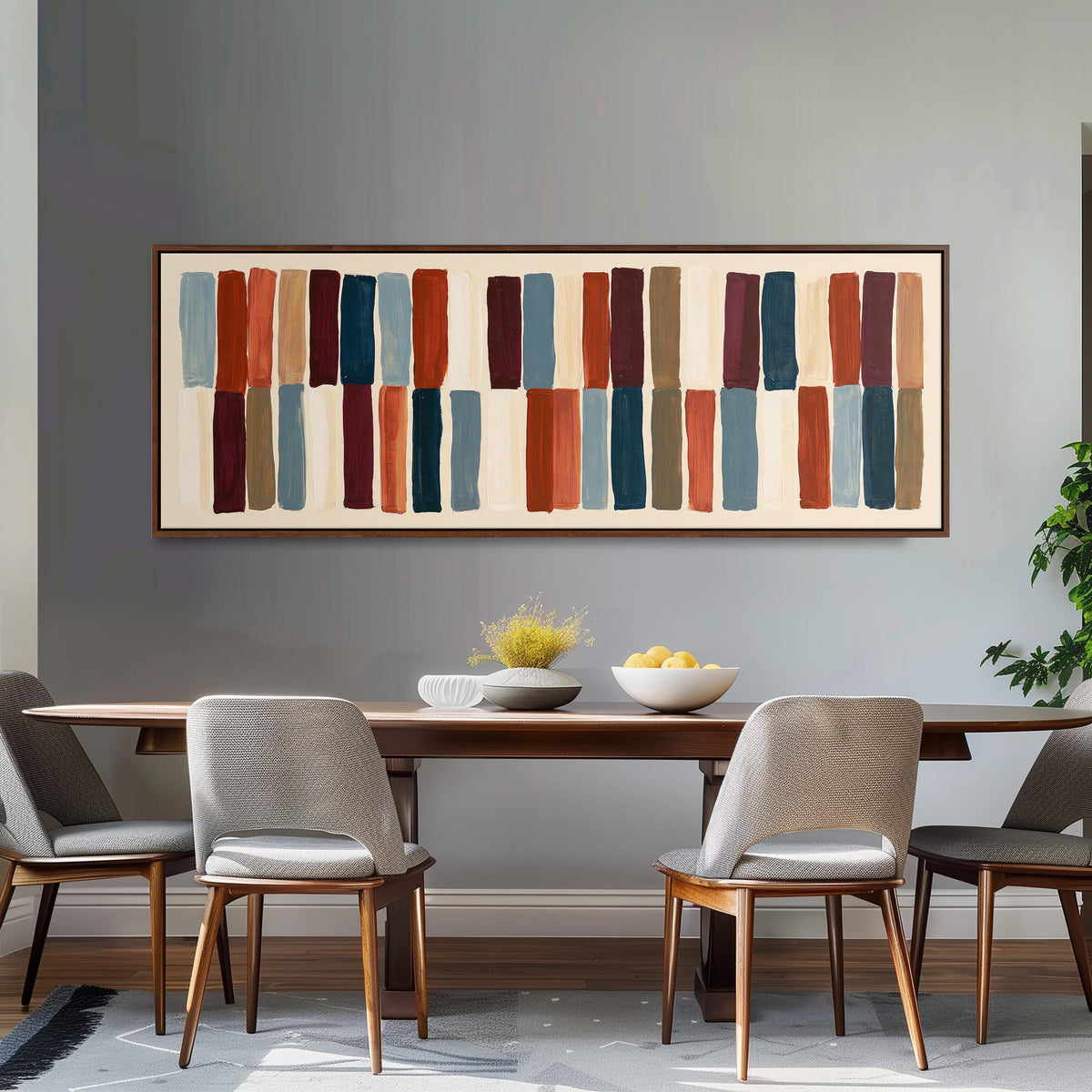 Two tiers of staggered stripe blocks long horizontal canvas print above a dining table