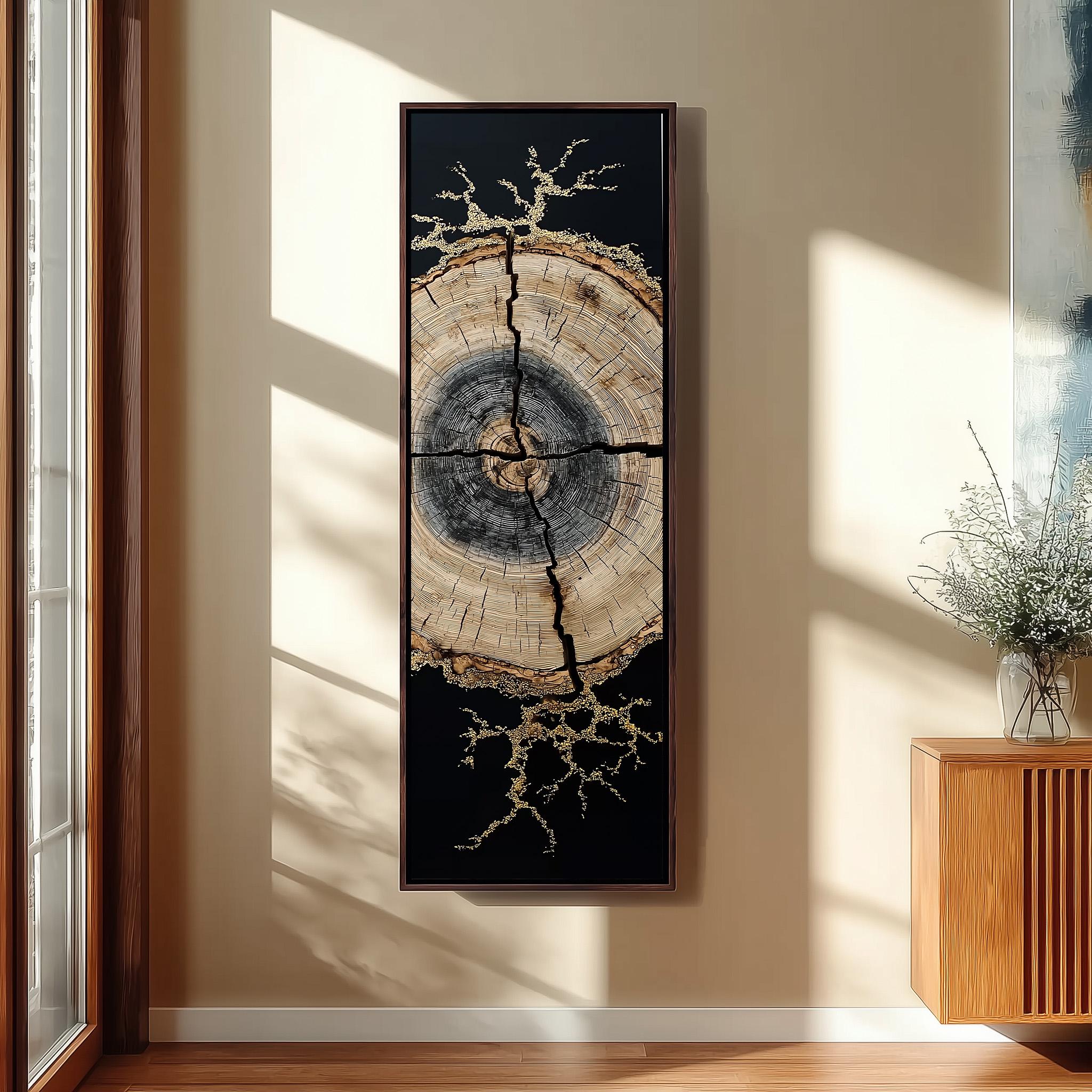 a large, vertical wooden frame with a striking black and white design on it, hanging on a wall. The design consists of a tree trunk with a circular pattern, surrounded by branches and leaves. The frame is positioned next to a window, allowing natural light to illuminate the artwork.
