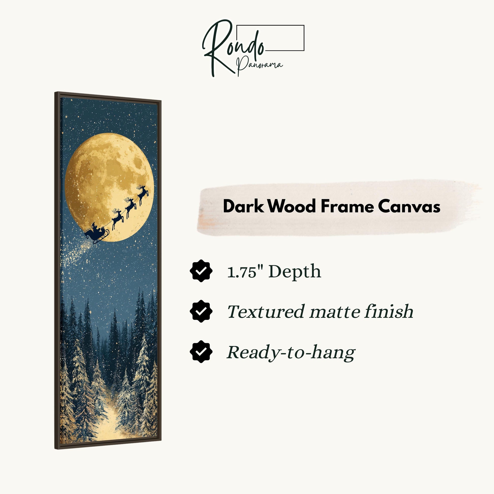 The image is a dark wood frame canvas depicting a snowy forest scene with a full moon and reindeer sleigh in the sky.