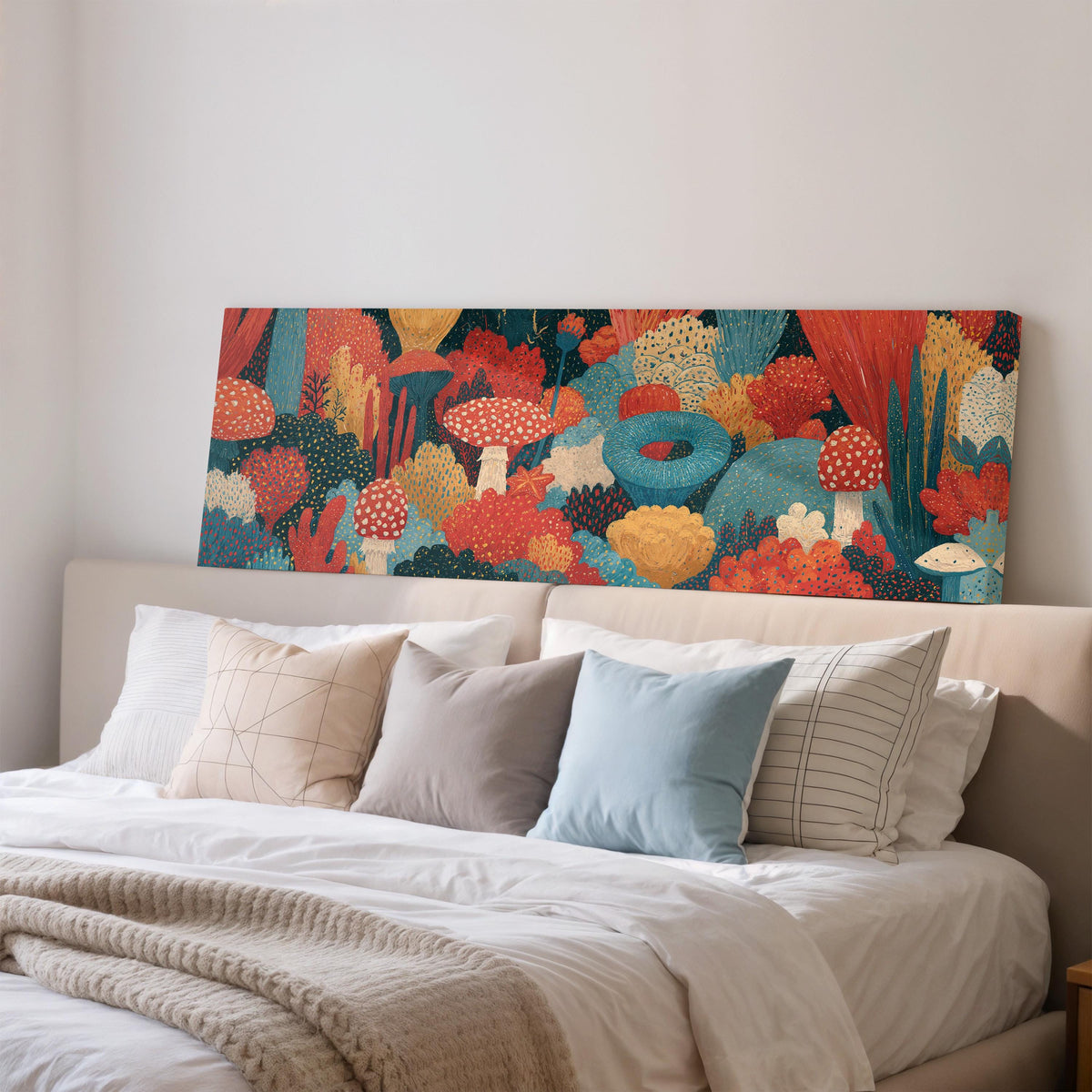 Mushroom and flower garden on teal wide panoramic canvas print above a bed in a bedroom