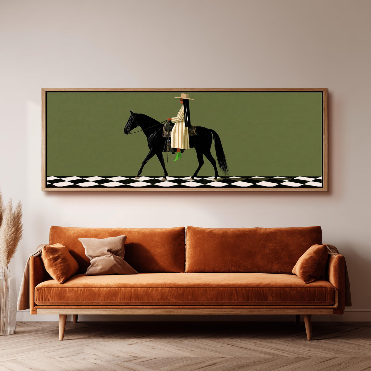 Woman riding a black horse on a checkerboard panoramic canvas print above a sofa in a living room