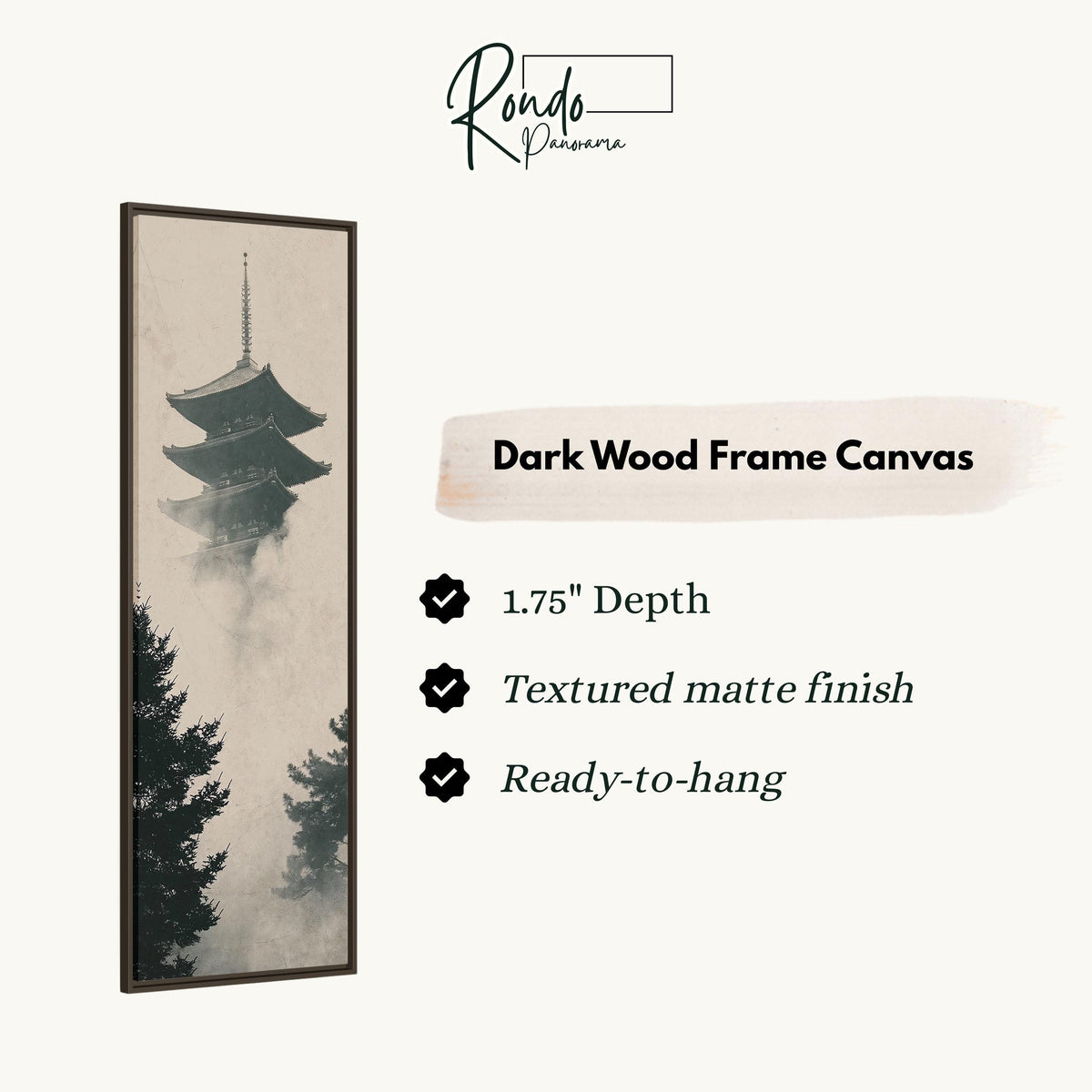 Pagoda rising through fog and pines canvas print in a dark wood floating frame