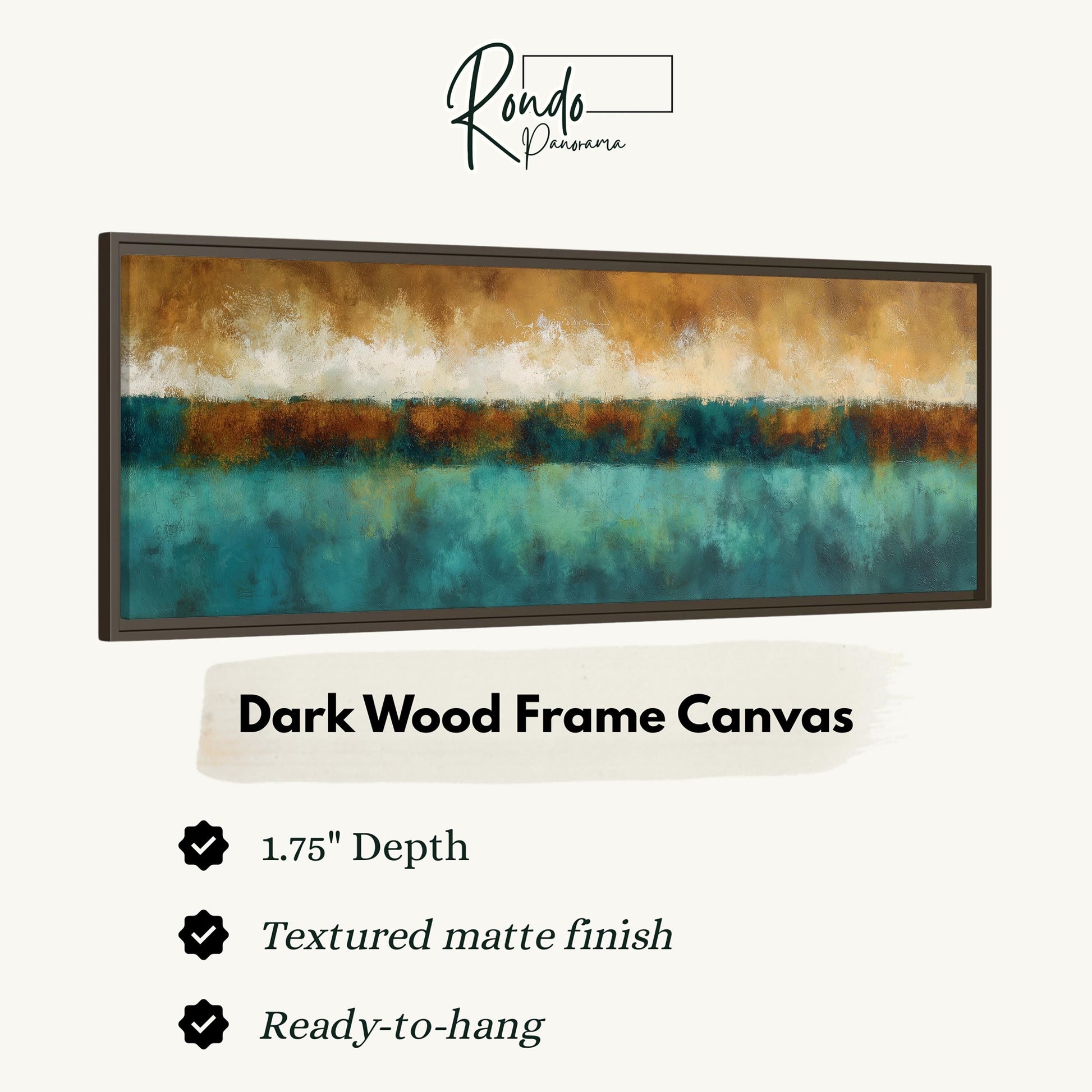 The image is a product advertisement for a dark wood frame canvas. It features a painting of a landscape with a blue and orange background, and provides details about the product, including its dimensions, finish, and hanging capabilities.