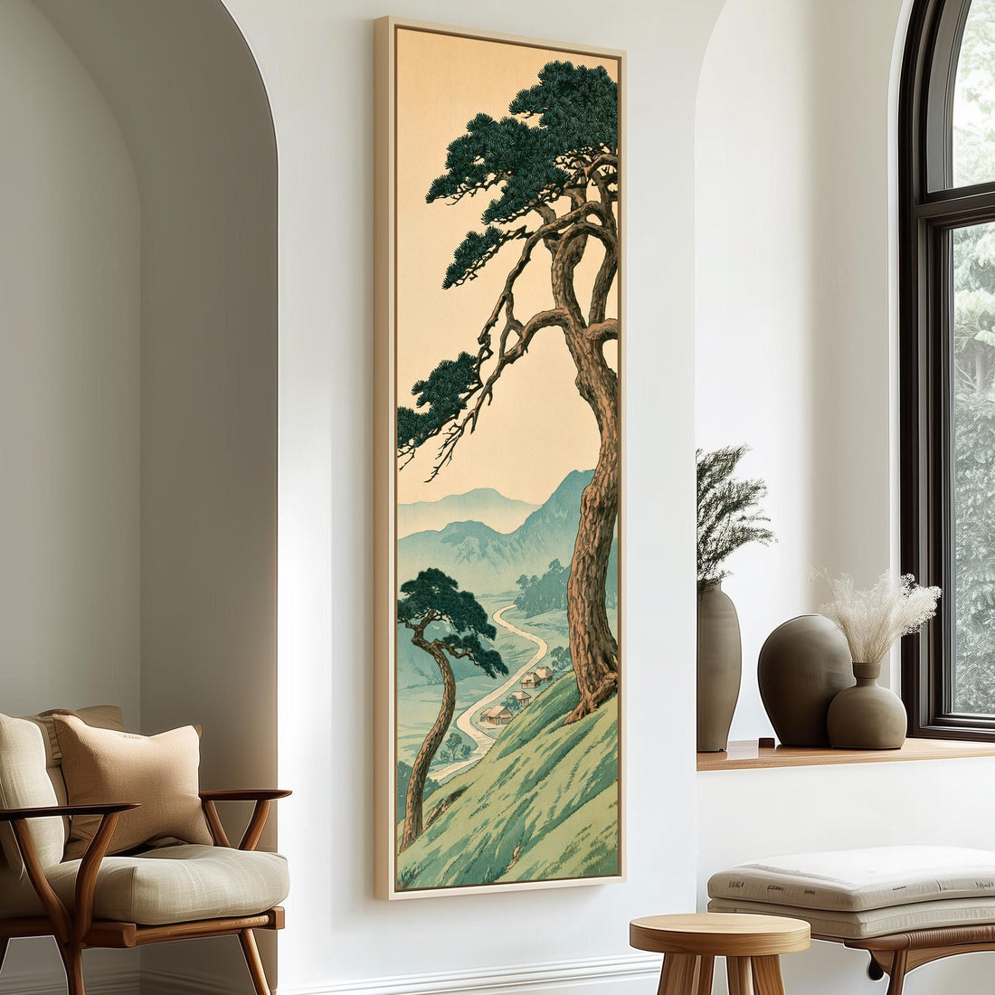 Pine tree above a hillside village long vertical canvas print in a sunlit living space