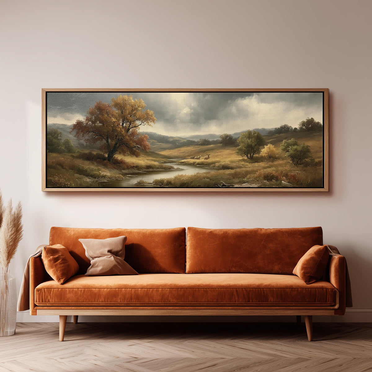 Autumn river valley under a stormy sky panoramic canvas print above a sofa in a living room