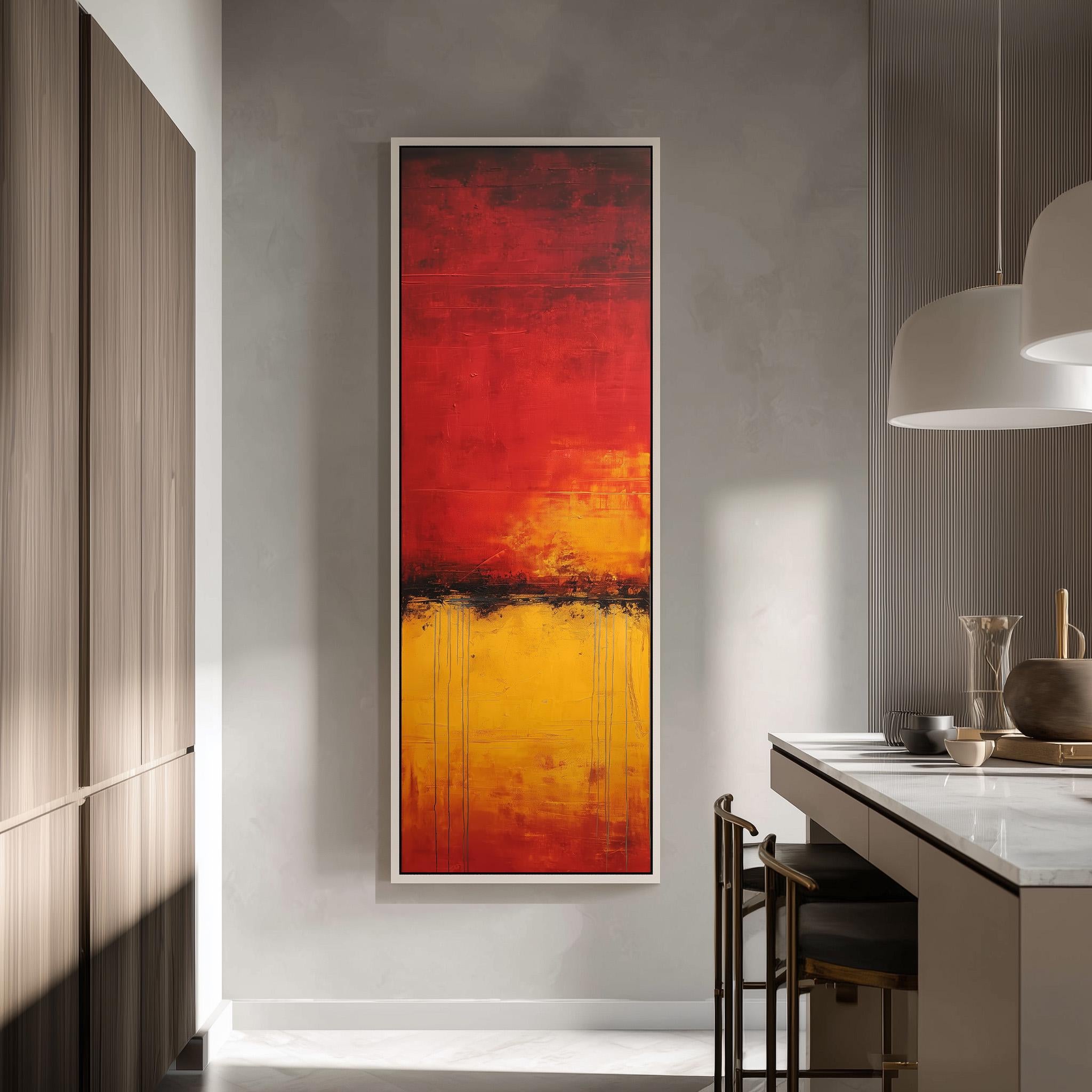 a modern kitchen with a large, vibrant abstract painting hanging on the wall. The painting has bold red and yellow colors, creating a striking contrast against the neutral tones of the kitchen. The kitchen is equipped with a white countertop and a sink, and there are chairs placed around the countertop, providing a comfortable seating area.