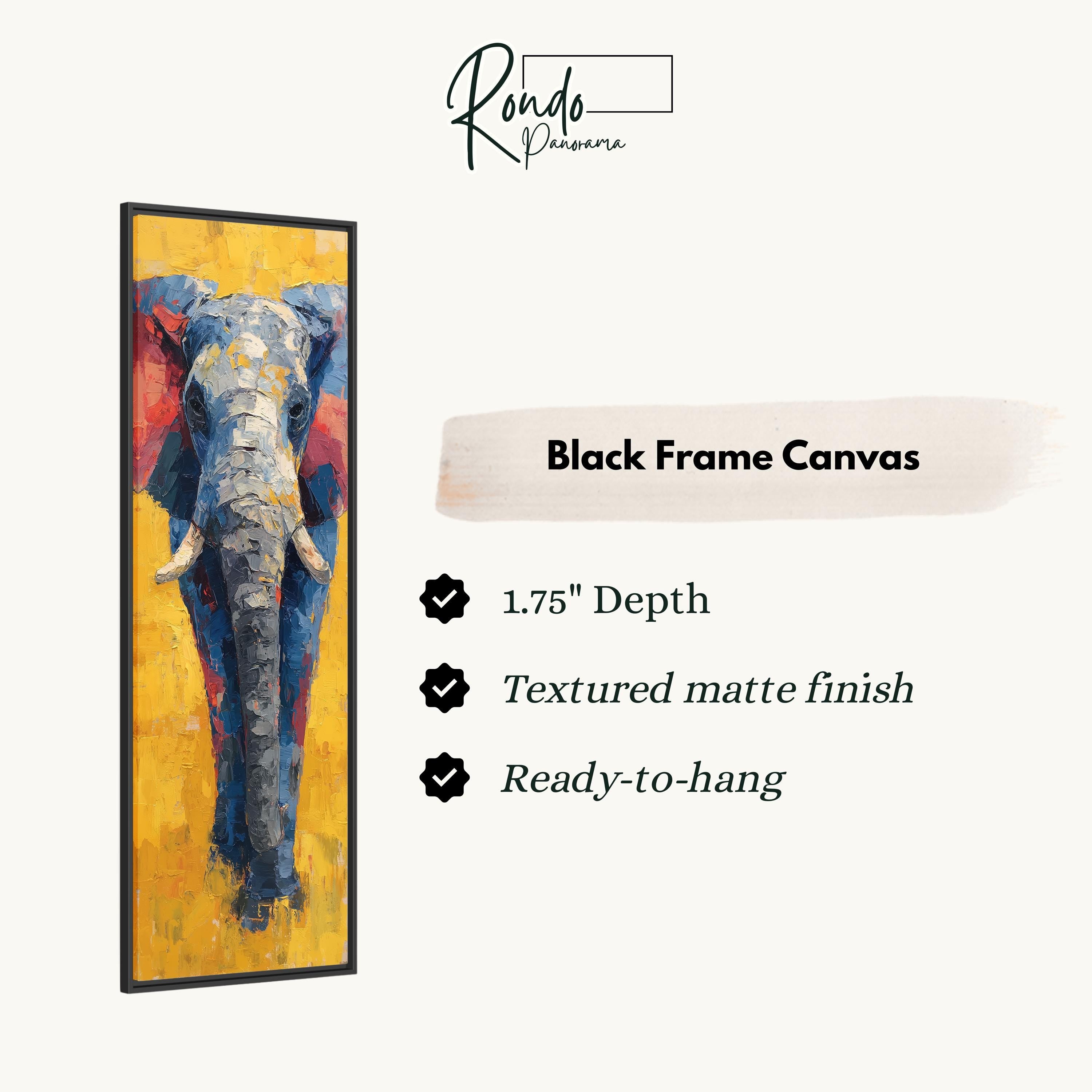 The image is a black frame canvas depicting a colorful elephant.
