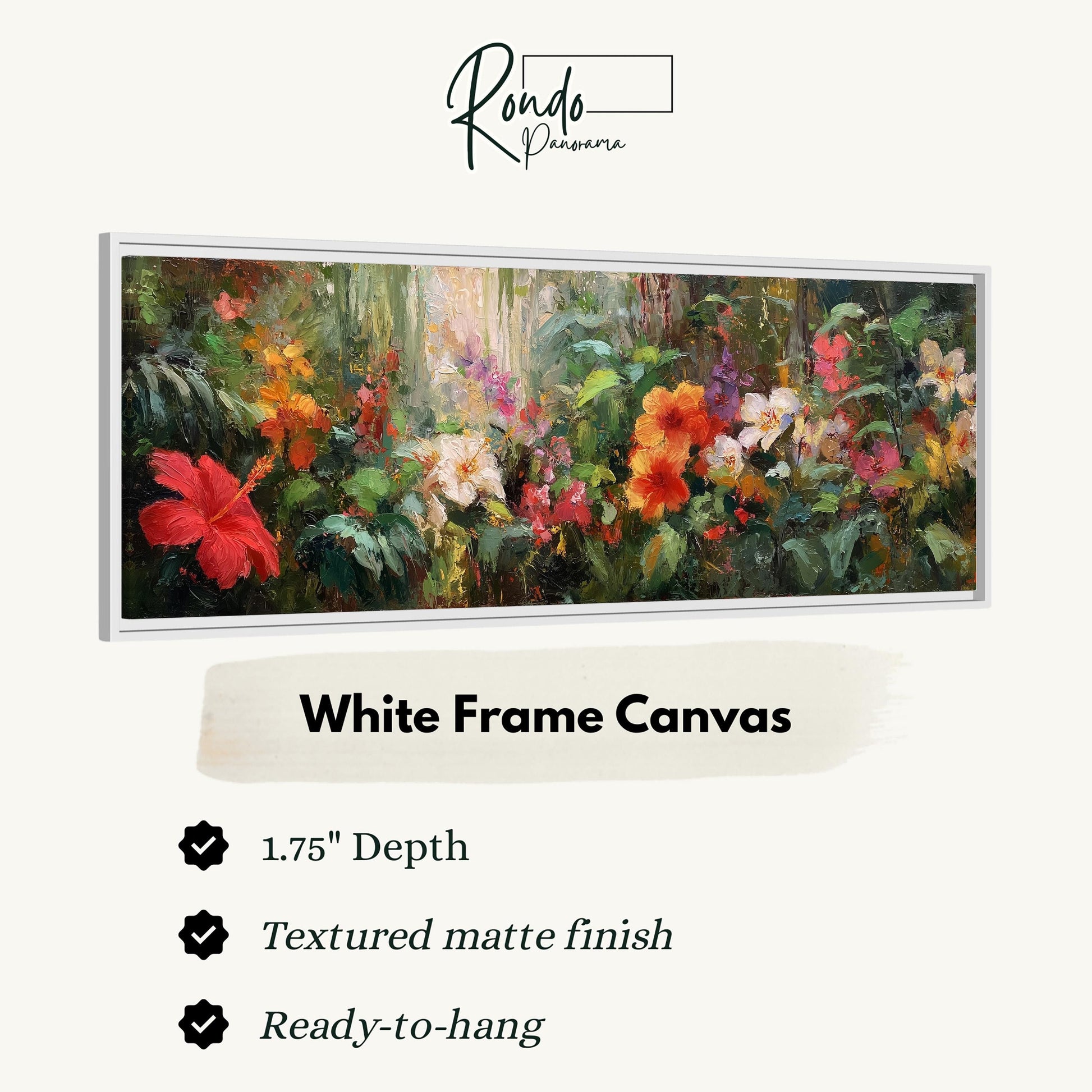 The image is a framed painting of a lush, colorful garden with various flowers and foliage.