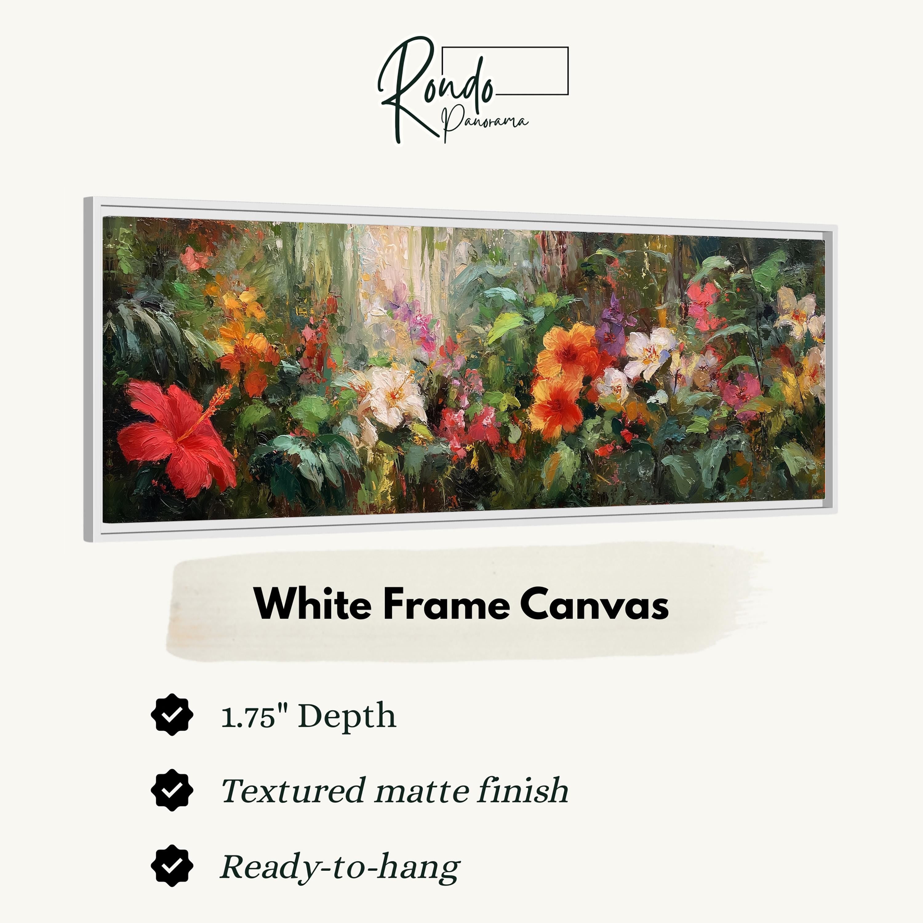 The image is a framed painting of a lush, colorful garden with various flowers and foliage.