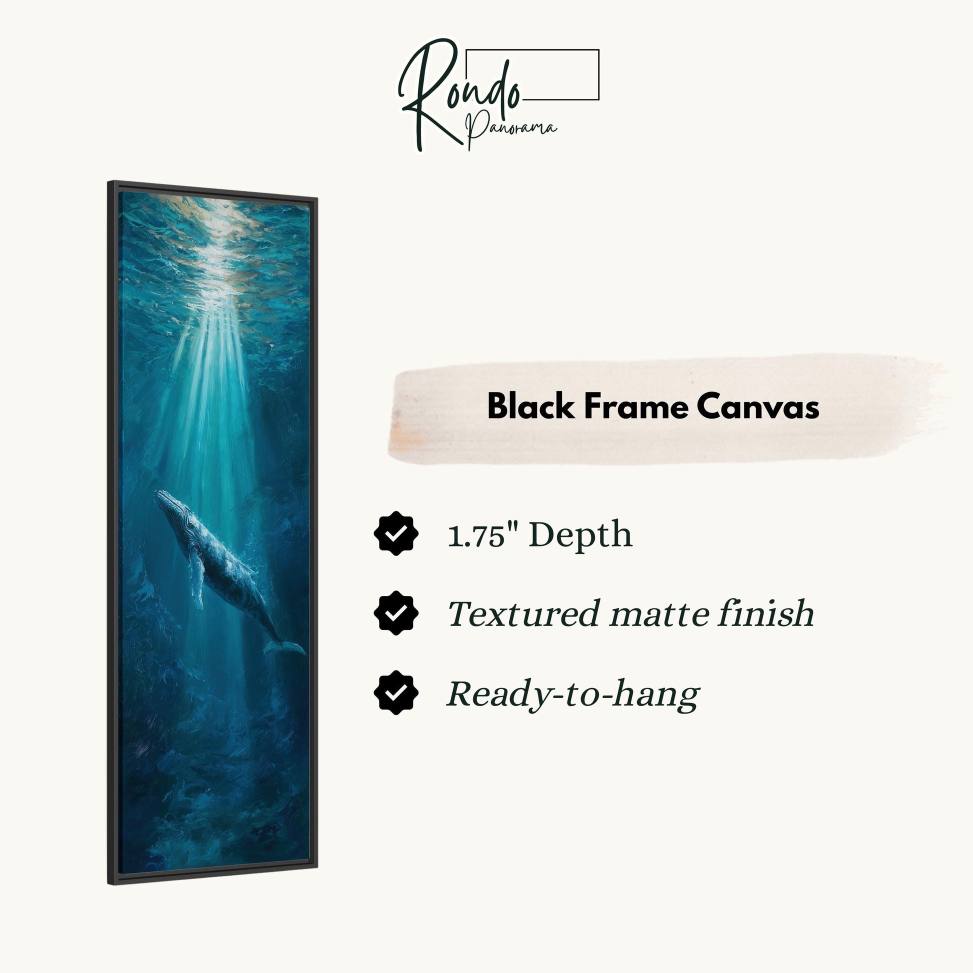 The image is a black frame canvas depicting a whale swimming in the ocean, with a text box providing details about the artwork.