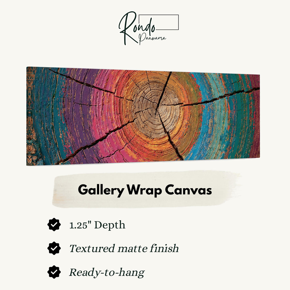 Rainbow tree ring gallery wrap canvas with the image wrapped around the edges