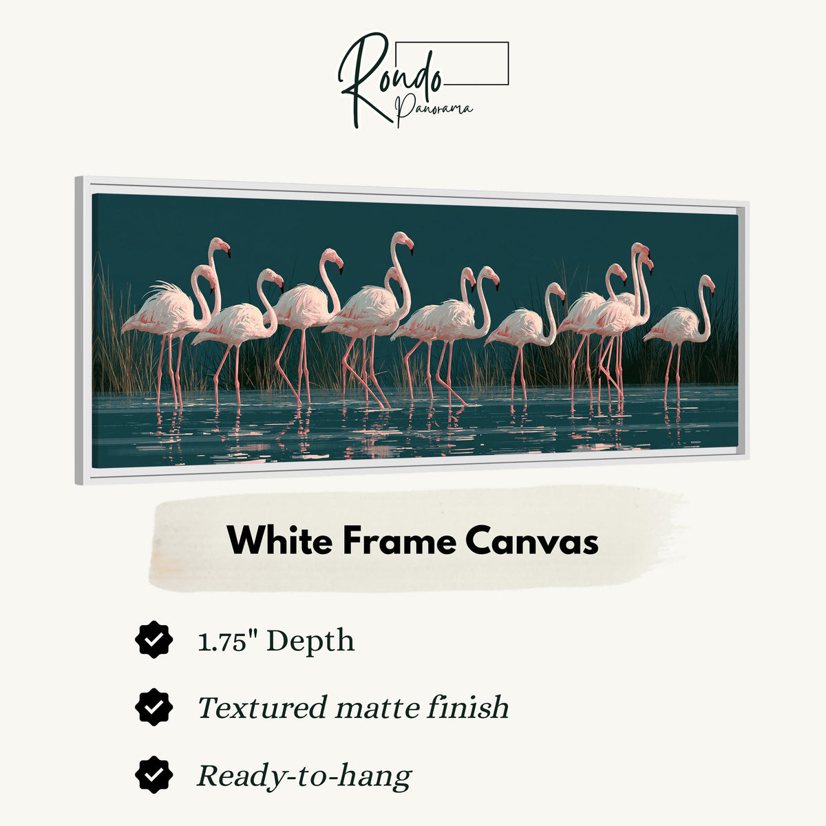 Blush pink flamingos on dark teal water canvas print in a white floating frame