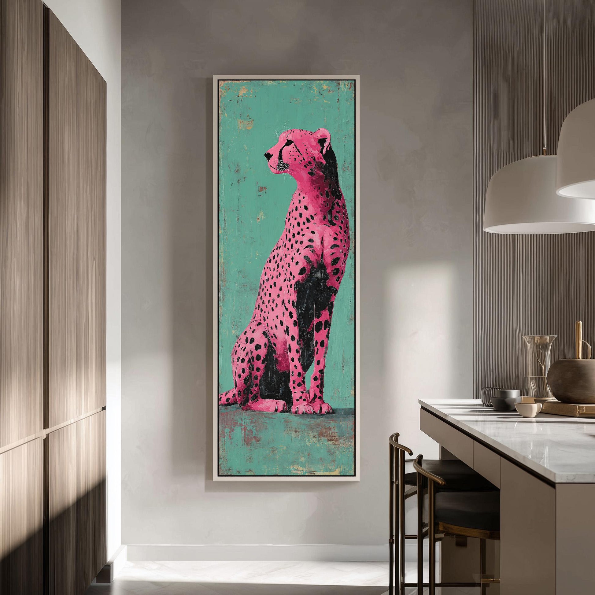 a large framed painting of a pink cheetah sitting on a green background.