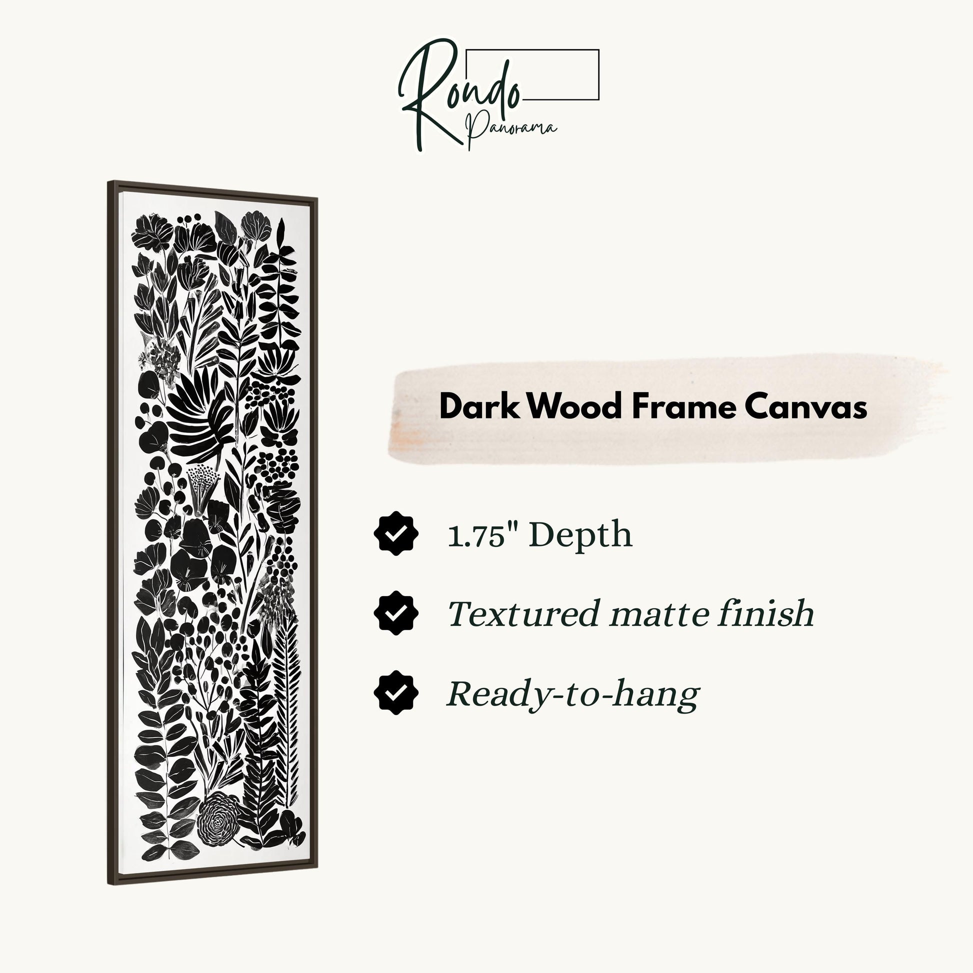 The image is a product description for a dark wood frame canvas. It features a black and white floral design on the canvas, with a 1.75" depth and a textured matte finish. The canvas is ready to hang.