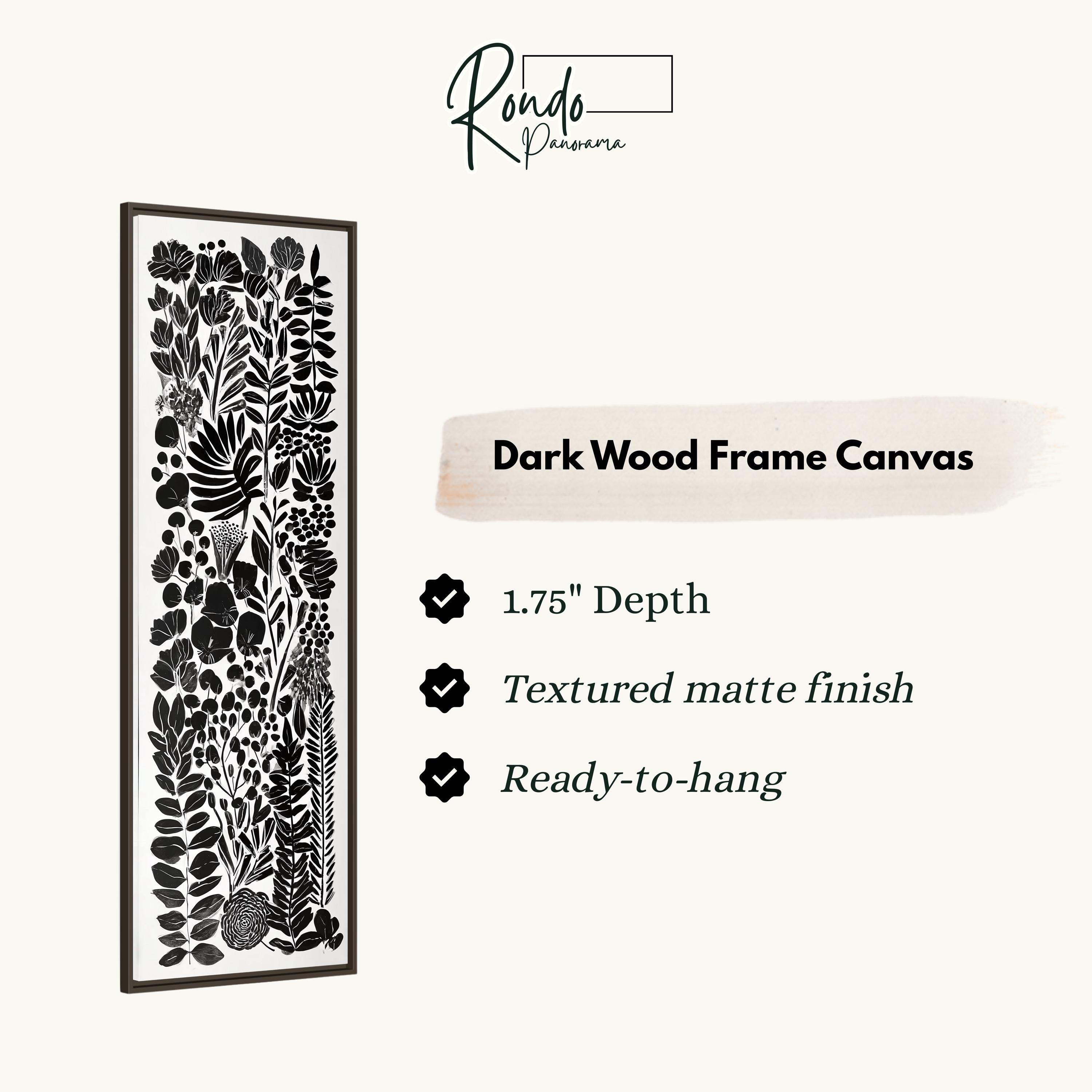The image is a product description for a dark wood frame canvas. It features a black and white floral design on the canvas, with a 1.75" depth and a textured matte finish. The canvas is ready to hang.