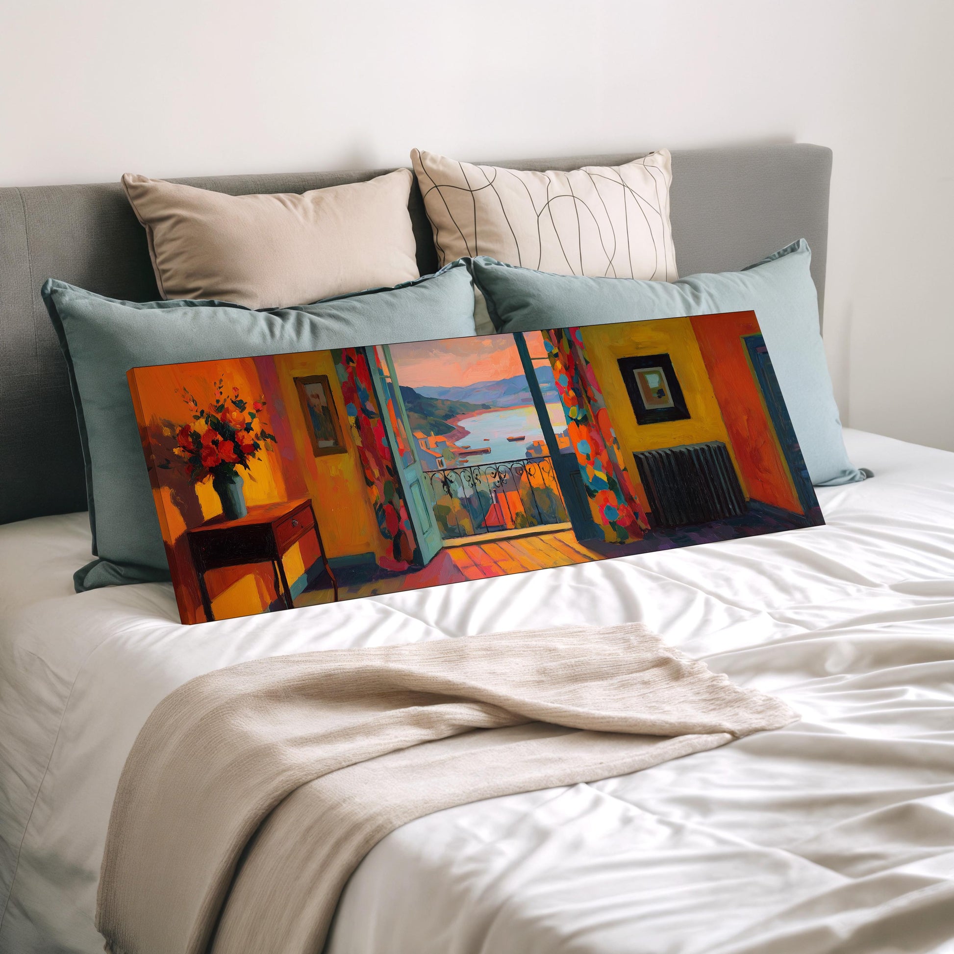 a large, colorful painting of a room with a window overlooking a scenic view, displayed on a bed with a white comforter and pillows.