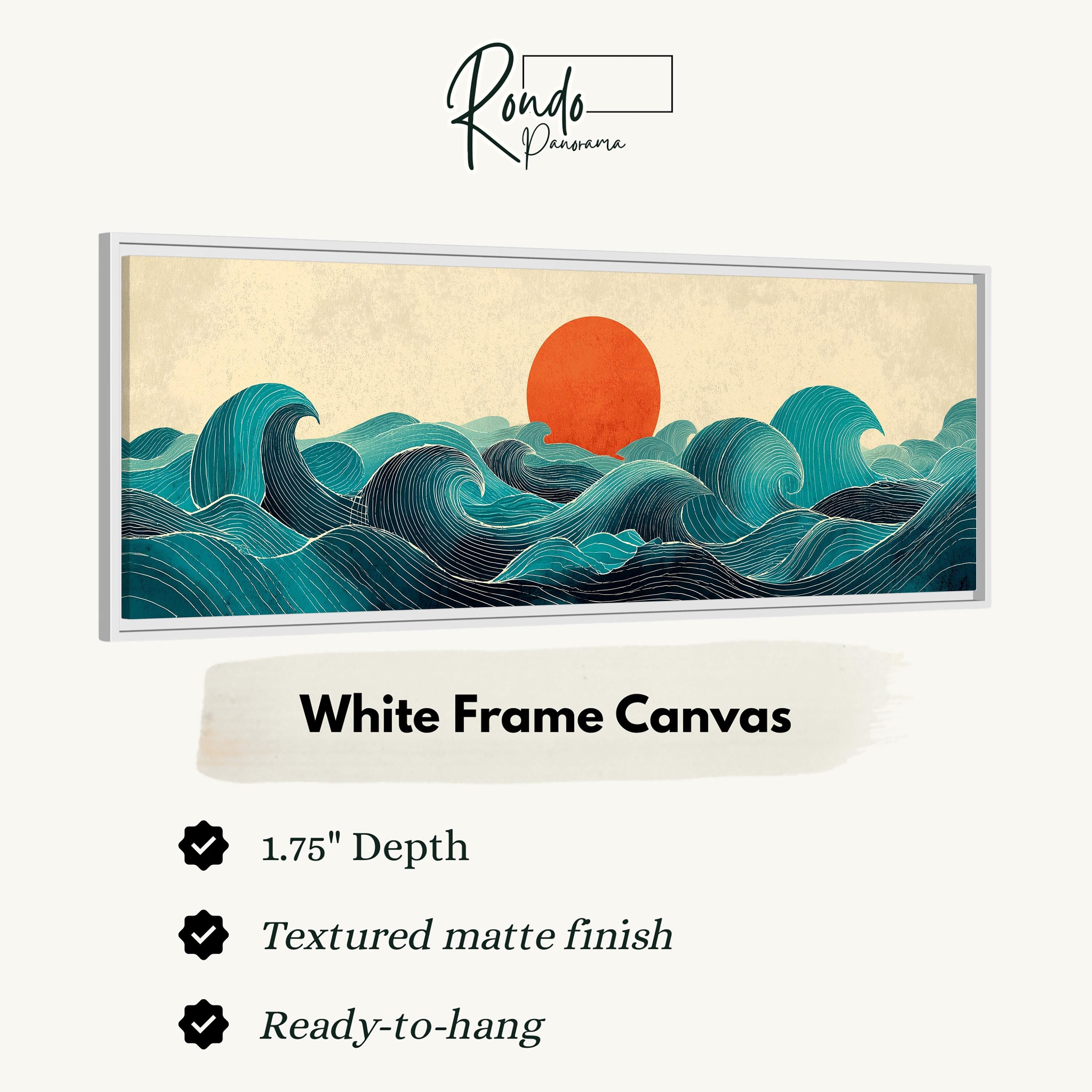 The image is a white frame canvas depicting a seascape with waves and a red sun.