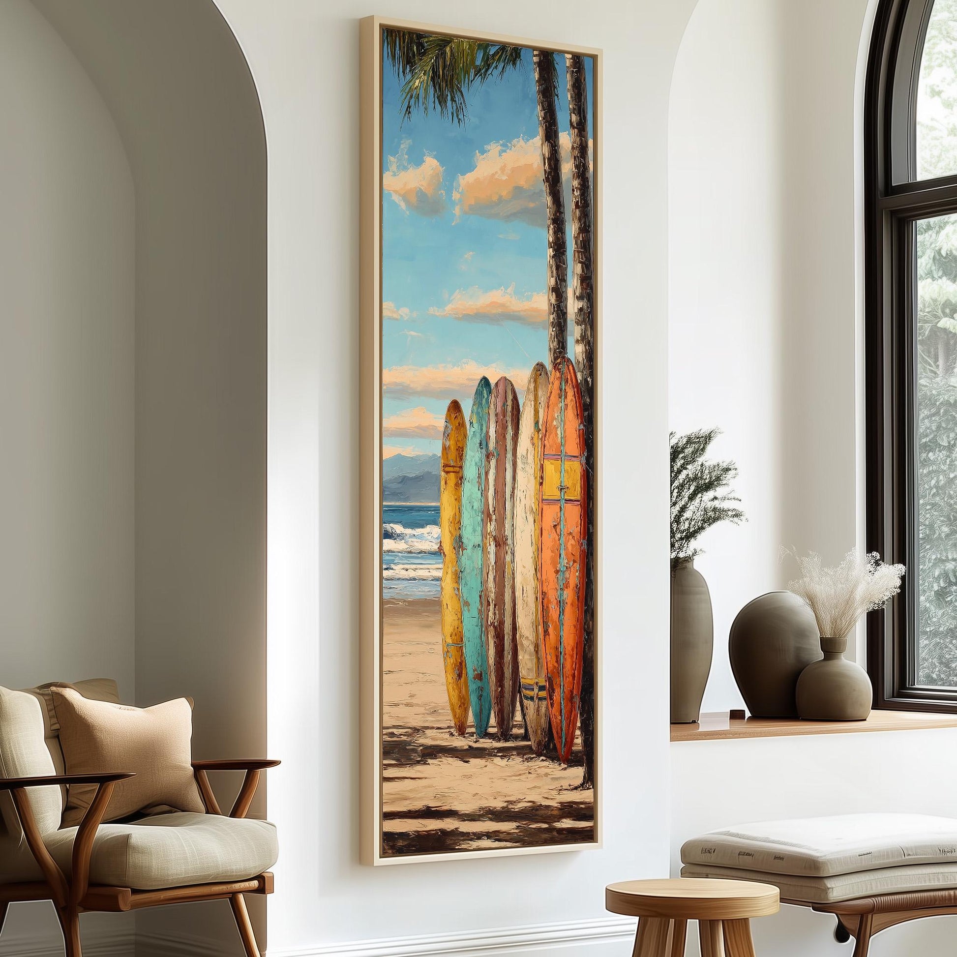 a large framed painting of a beach scene with surfboards leaning against a wall, creating a vibrant and colorful coastal atmosphere.