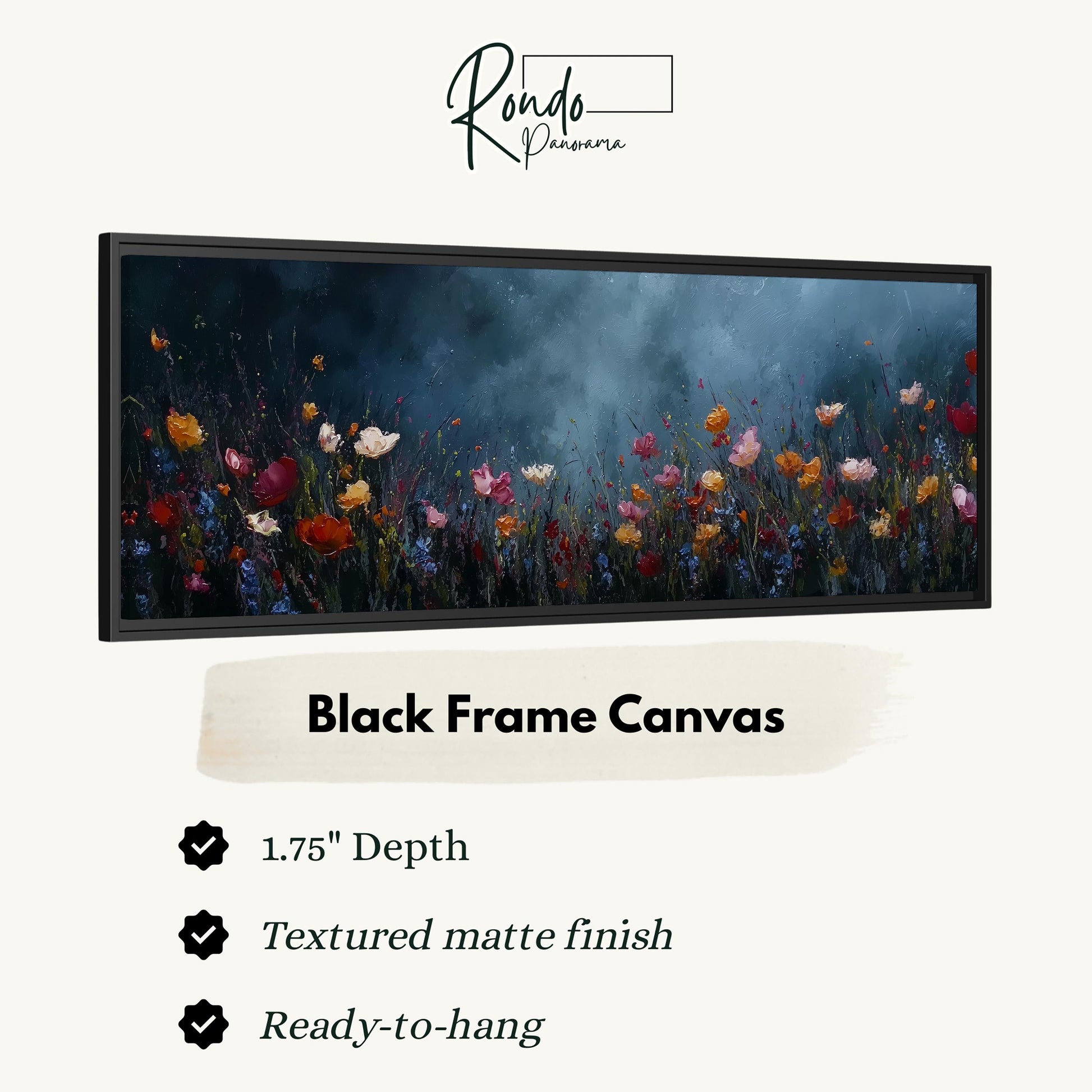 The image is a black frame canvas depicting a field of colorful flowers.