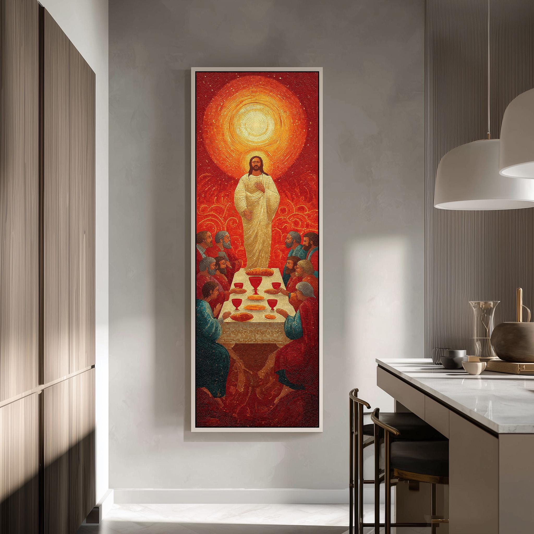 a large, colorful painting of Jesus Christ surrounded by a group of people at a table, with a bright sun in the background.