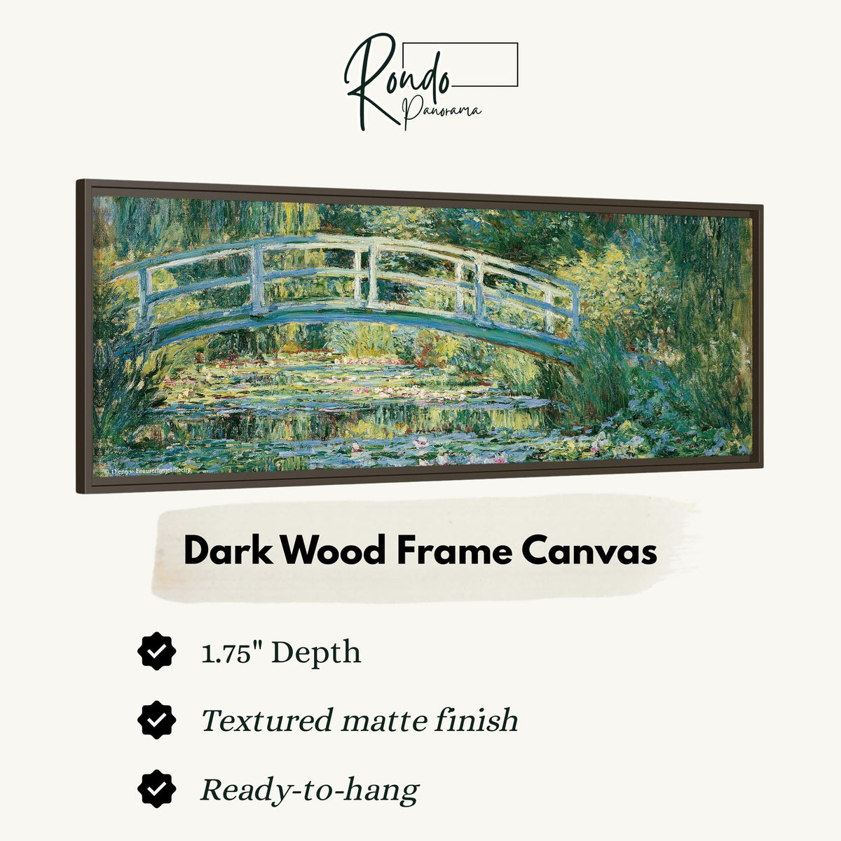 Japanese bridge over a water lily pond canvas print in a dark wood floating frame