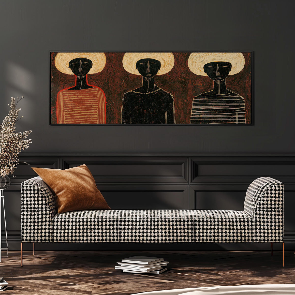 Three figures in striped shirts wide panoramic canvas print above a bench in a dark living room