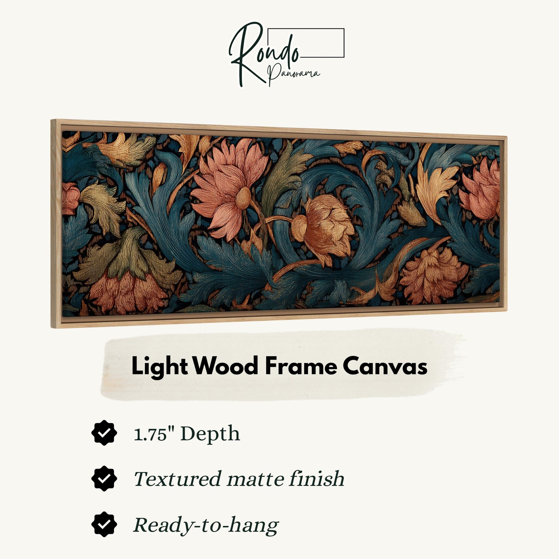 a light wood frame canvas with a floral pattern in shades of blue, orange, and green. The frame has a 1.75" depth and is textured with a matte finish. It is ready to hang and is described as a "Light Wood Frame Canvas".