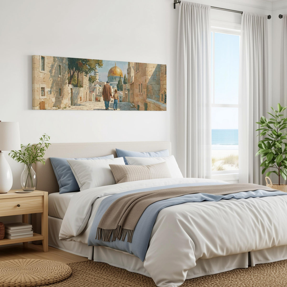 Jerusalem old city street with the golden dome panoramic canvas print above a bed in a coastal bedroom