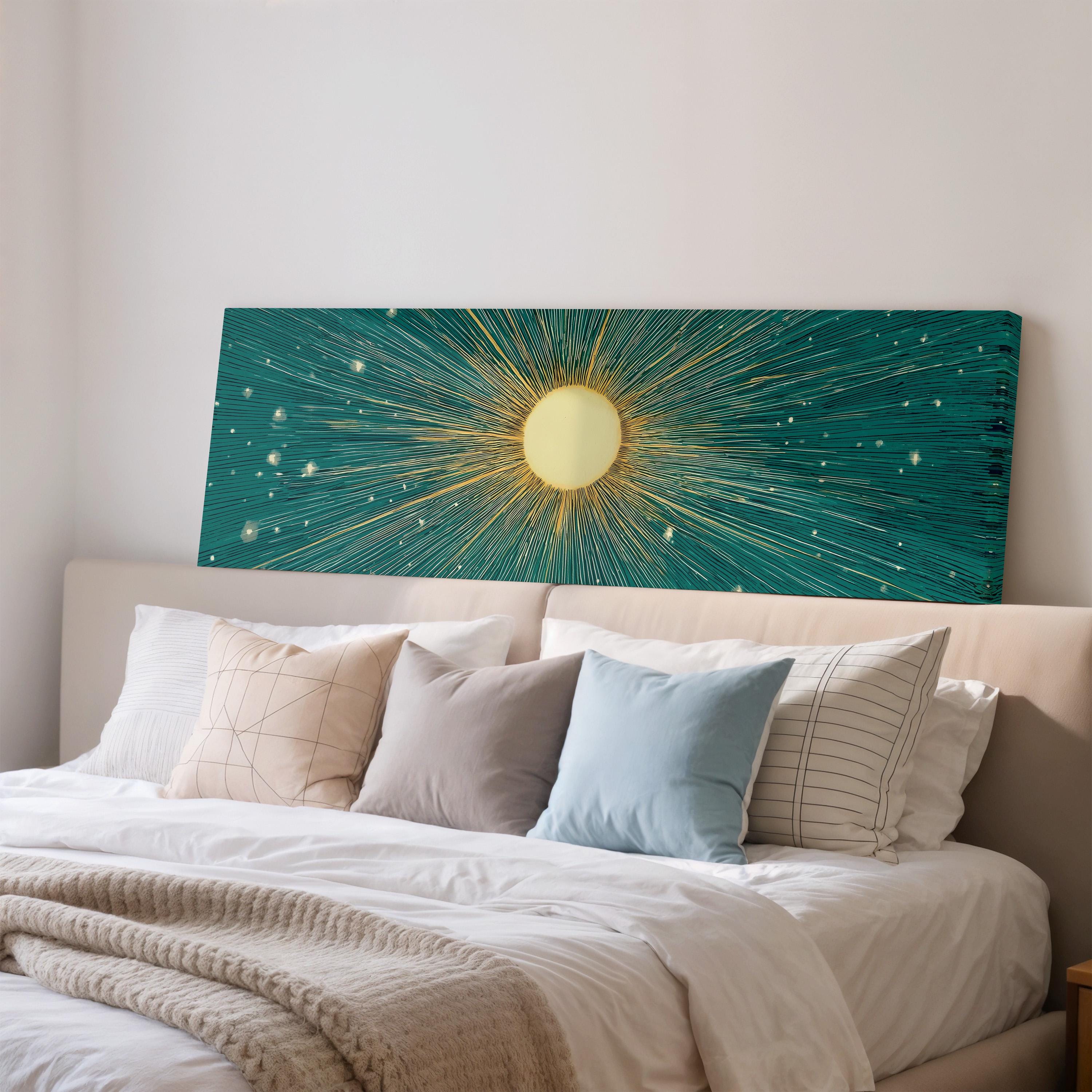 a large bed with a green and yellow sun-like design on the headboard, creating a vibrant and eye-catching focal point in the room.