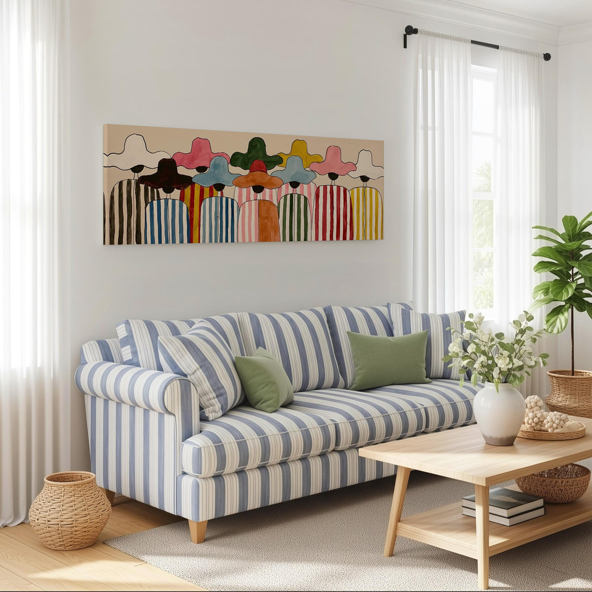 Crowd of figures in colorful sun hats long horizontal canvas print above a striped sofa in a coastal living room