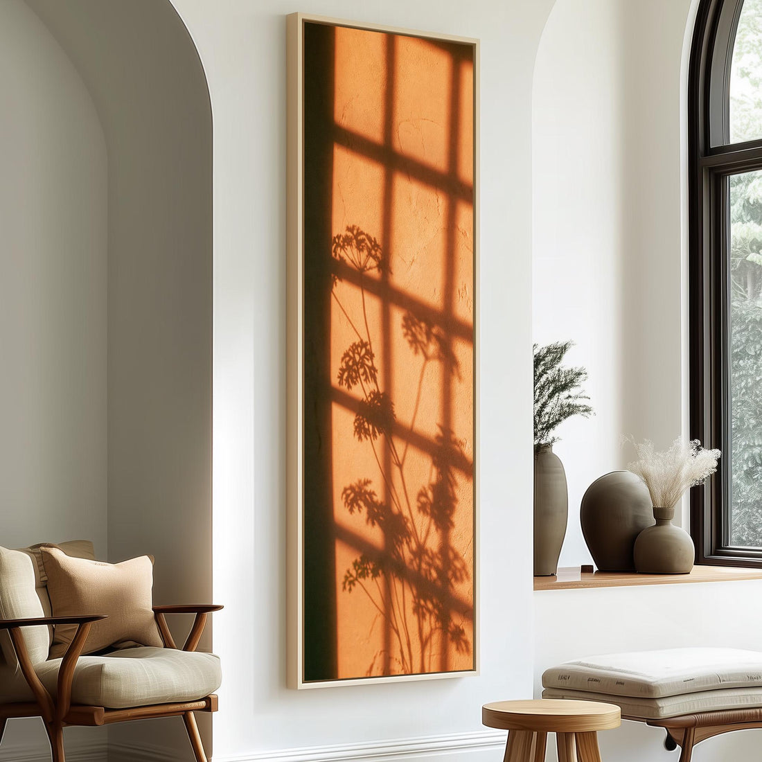 Window grid and plant shadow on a terracotta wall long vertical canvas print in a sunlit living space