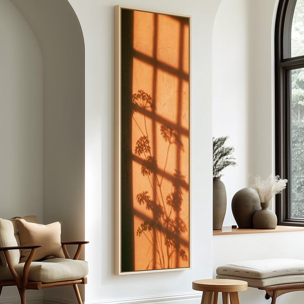 Window grid and plant shadow on a terracotta wall tall skinny canvas print in a sunlit living space