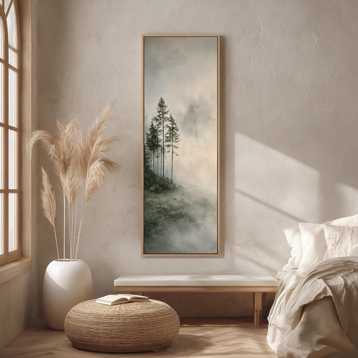 Monochrome pines in heavy mist long vertical canvas print in a bright reading corner