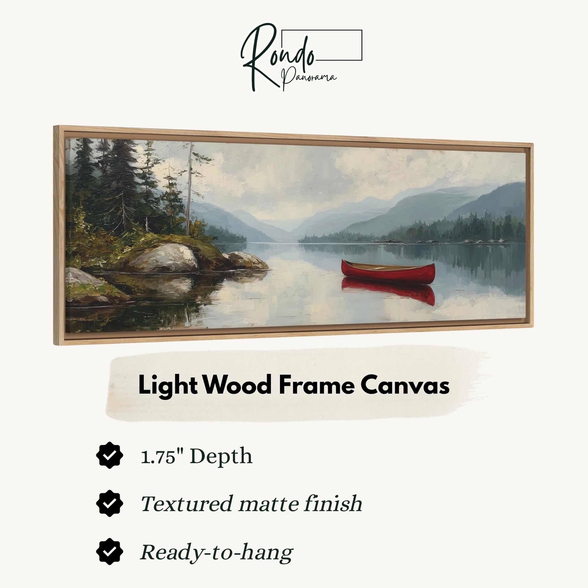 The image is a light wood frame canvas depicting a serene landscape with a red canoe on a lake surrounded by trees and mountains.