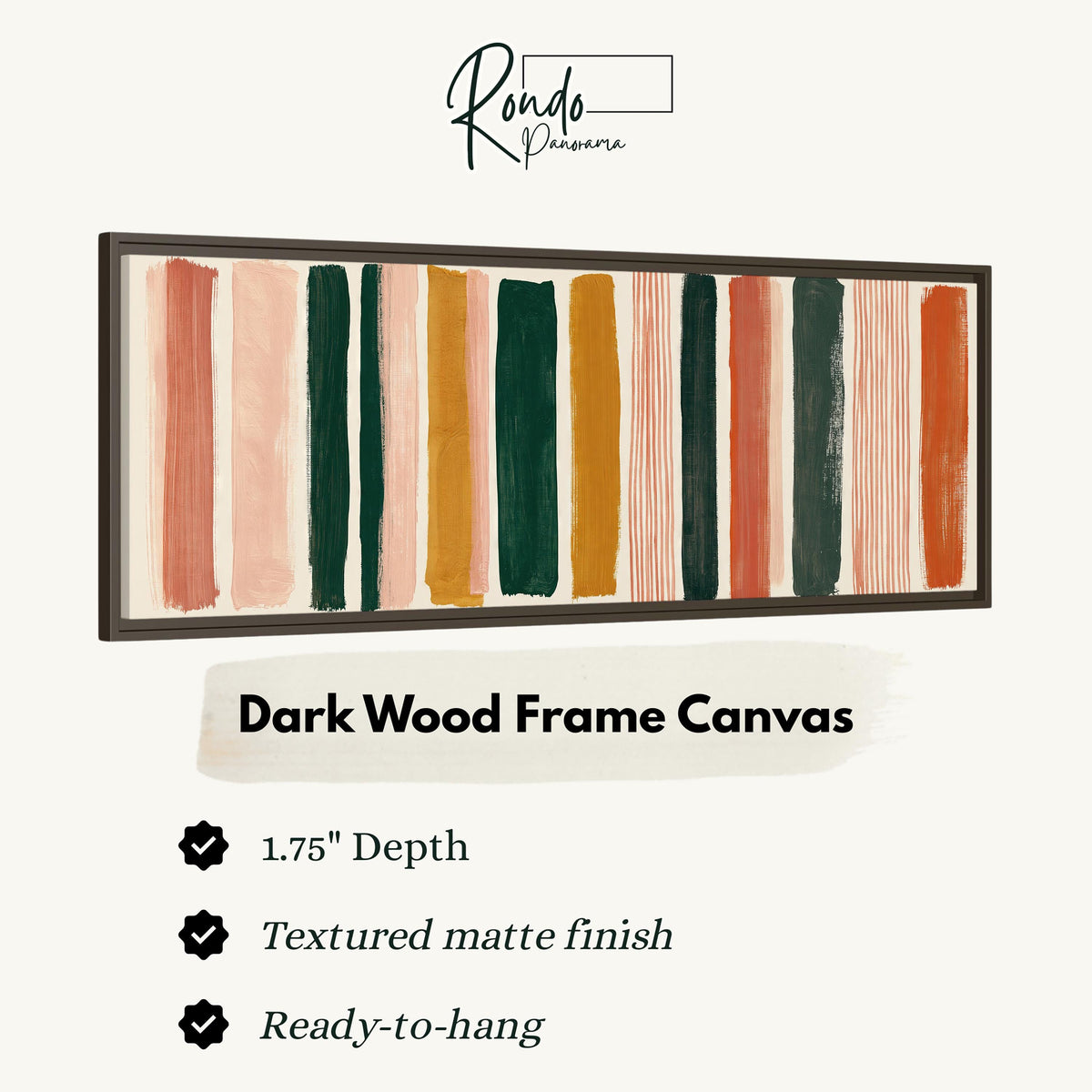 Mixed stripe blocks in terracotta, pink and green canvas print in a dark wood floating frame