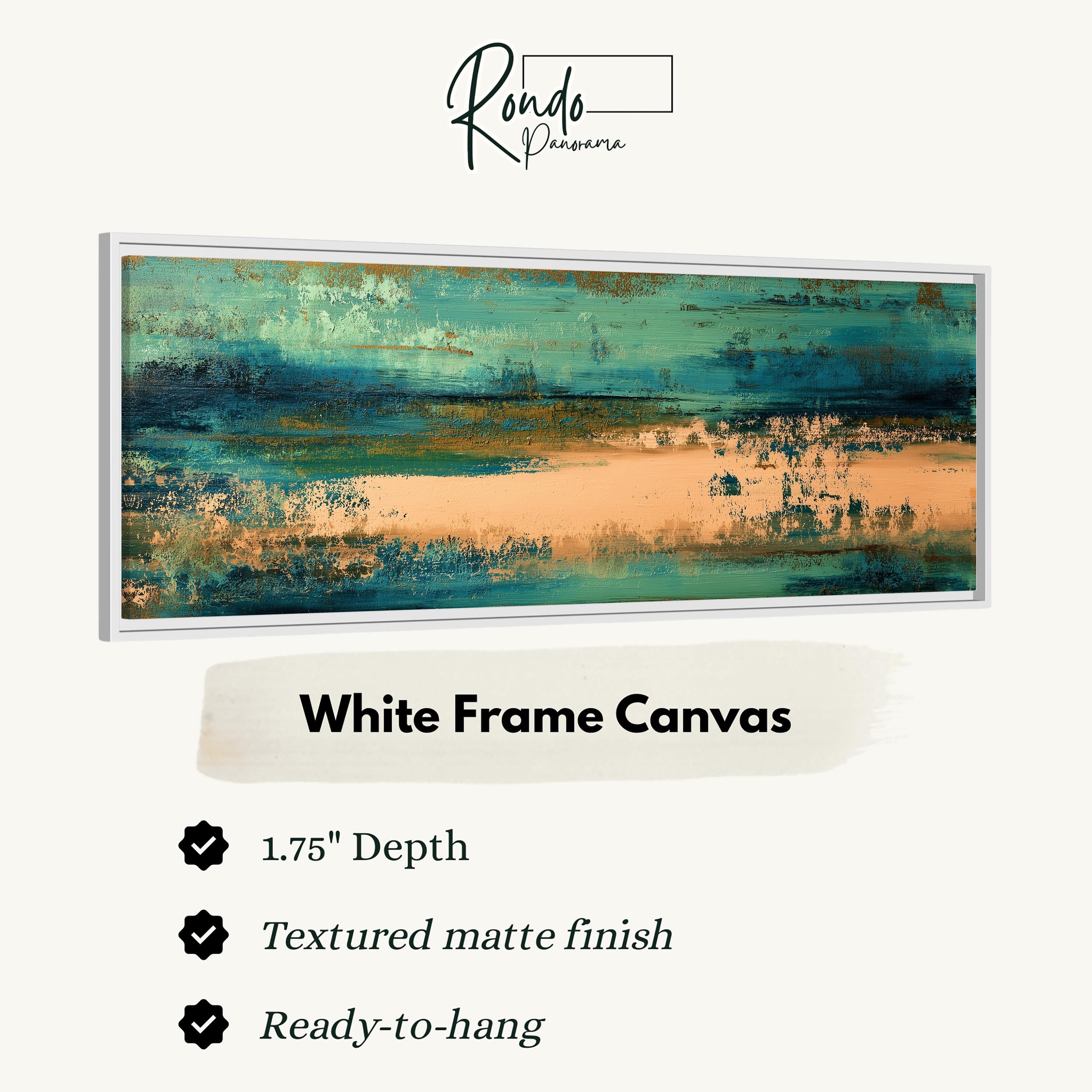 The image is a framed artwork depicting a landscape with a green and orange color palette. The artwork is described as a "White Frame Canvas" with a 1.75" depth, a textured matte finish, and a ready-to-hang condition.
