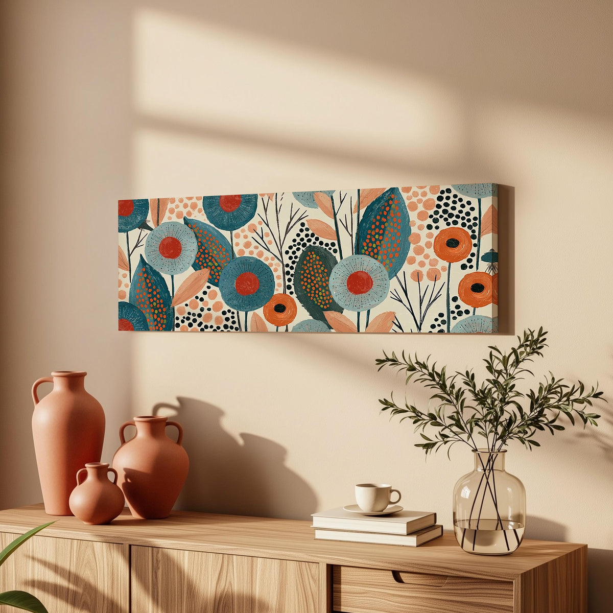 Teal poppies and speckled leaves long horizontal canvas print above a wooden sideboard