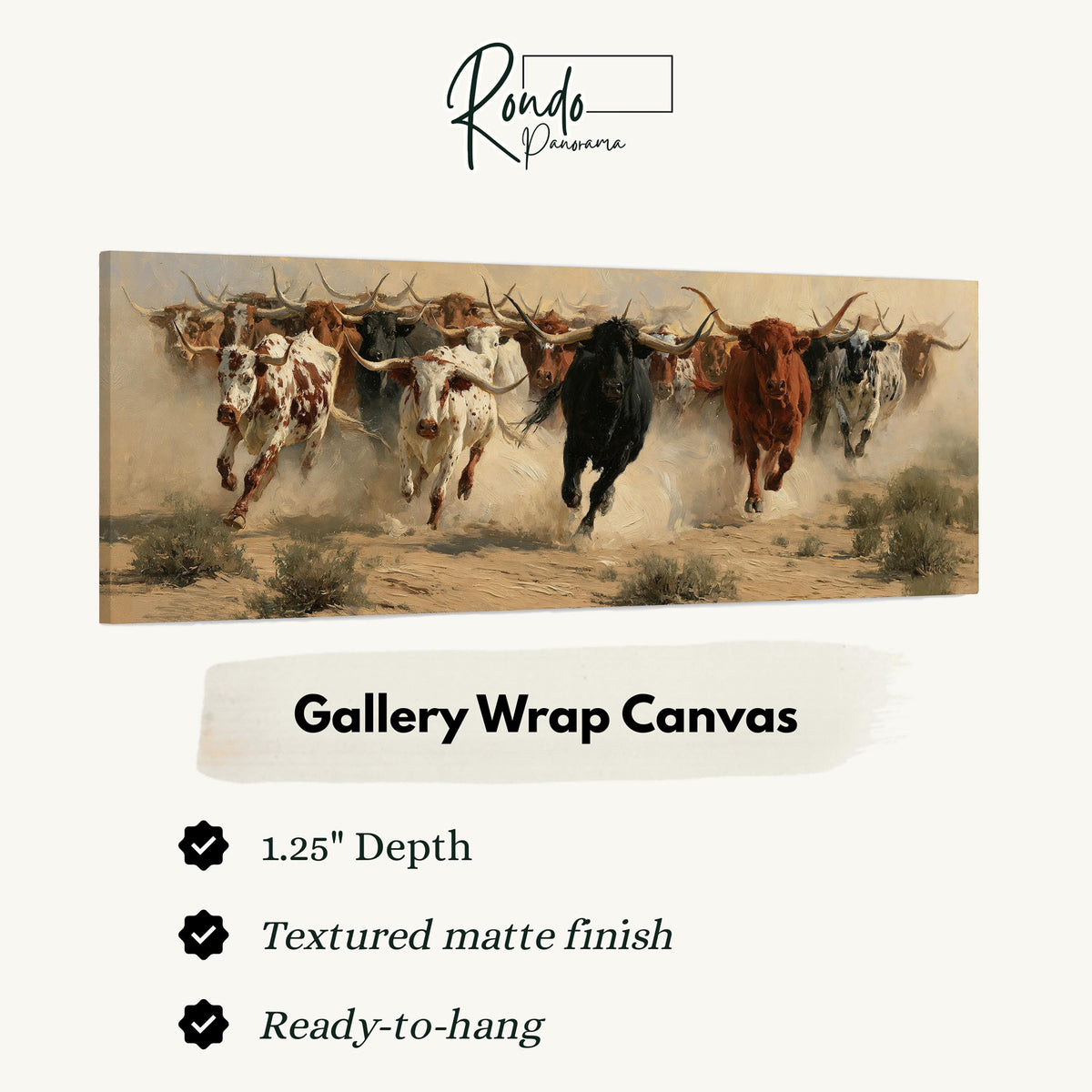 Charging longhorn herd gallery wrap canvas with the image wrapped around the edges