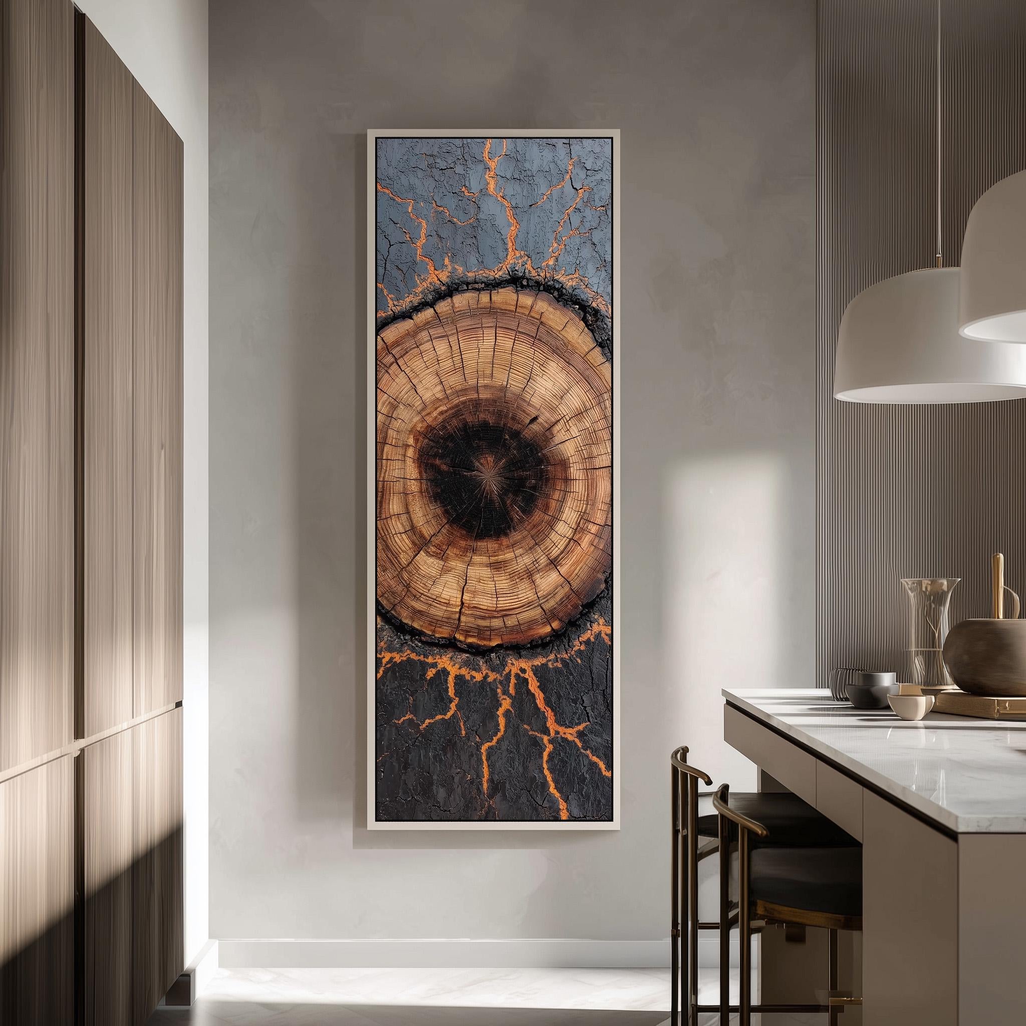 a large, striking painting of a tree trunk with a striking pattern of orange and black cracks, hanging on a wall in a modern kitchen.