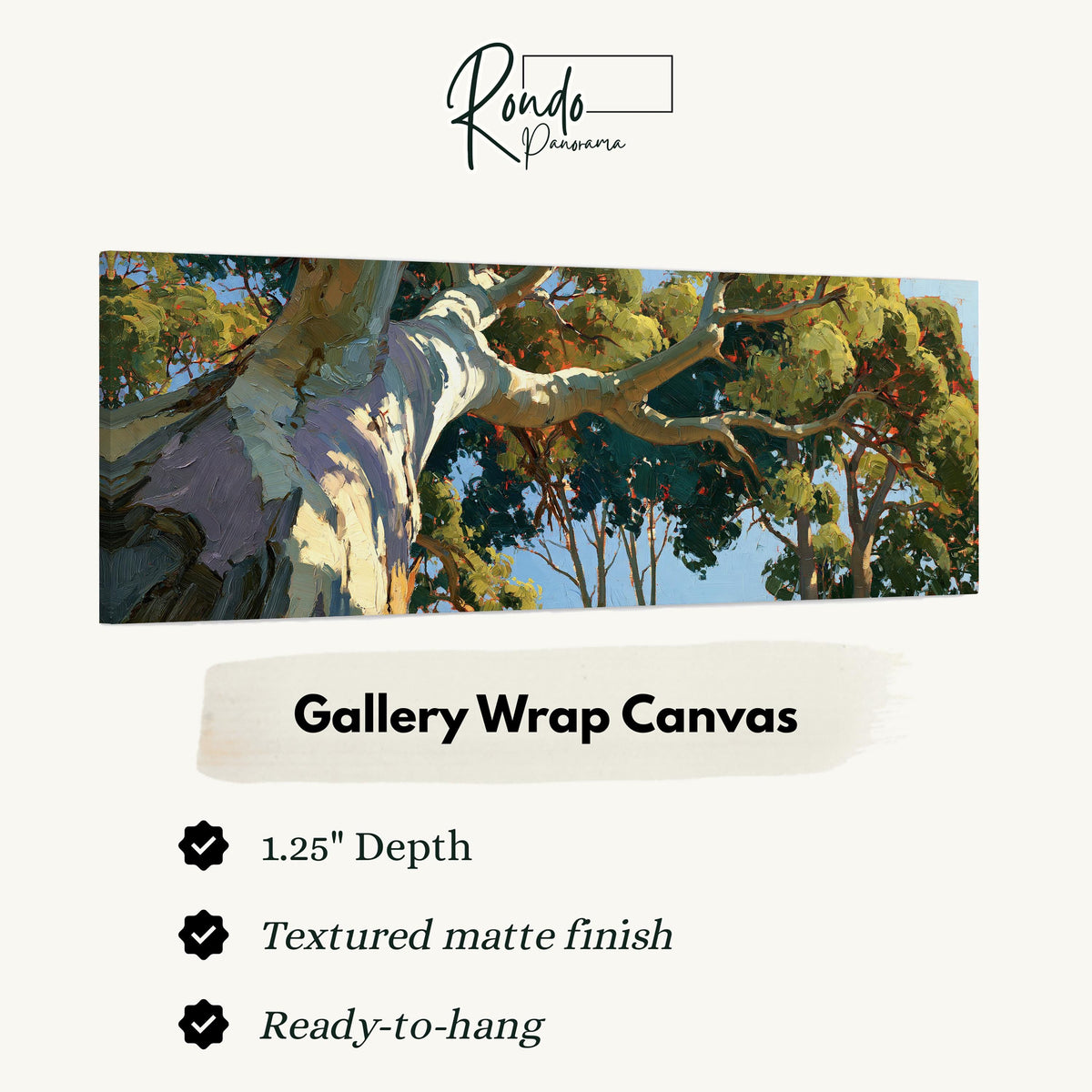 Sunlit eucalyptus trunk and branches gallery wrap canvas with the image wrapped around the edges
