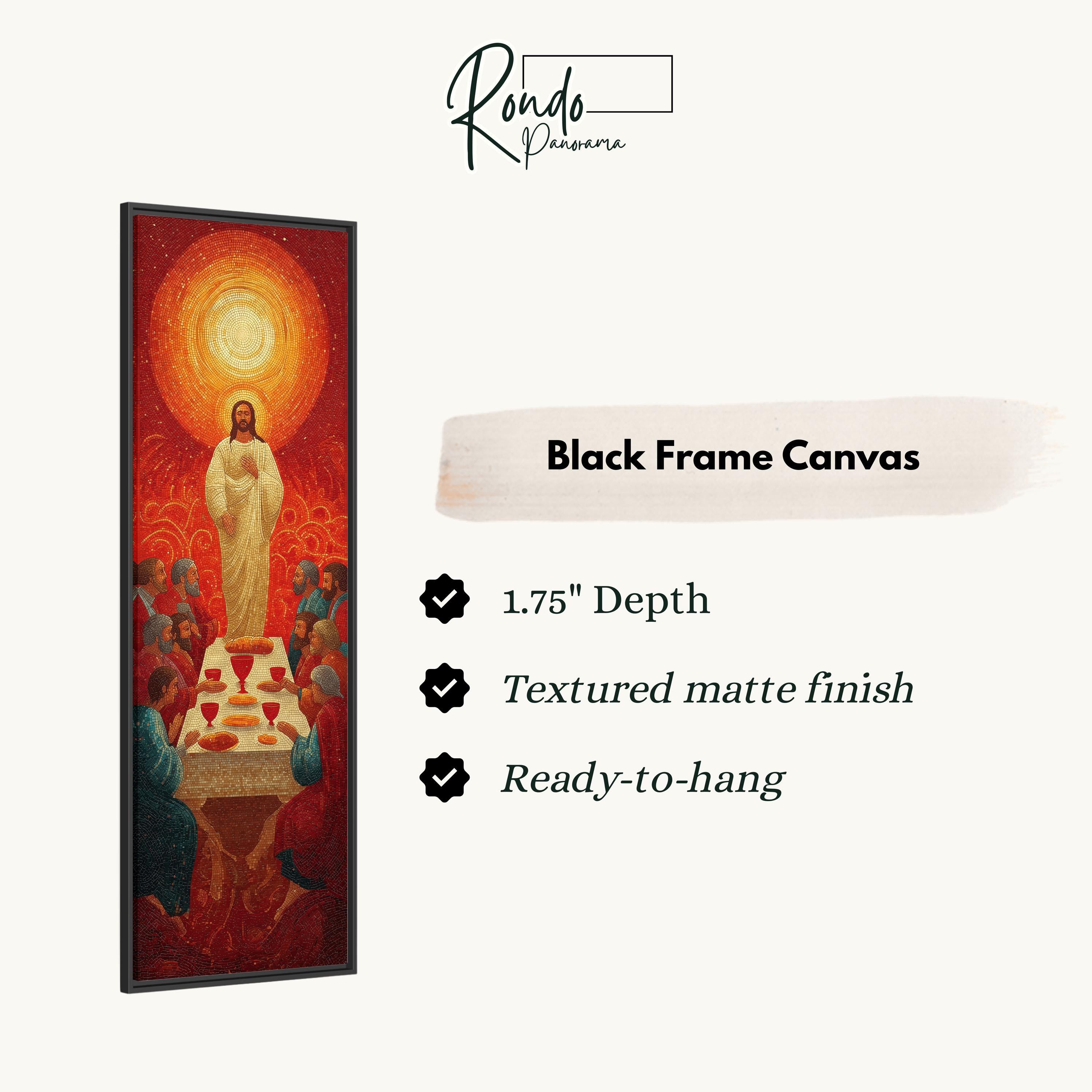 The image is a black frame canvas depicting a religious scene with a figure of Jesus Christ surrounded by people.