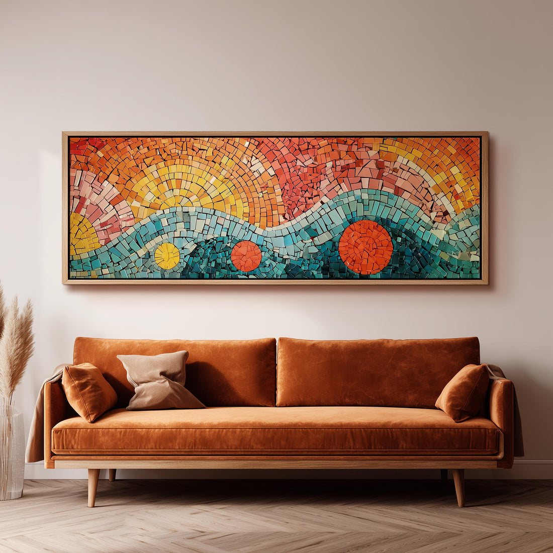 a large, colorful mosaic artwork hanging on a wall above a brown sofa.