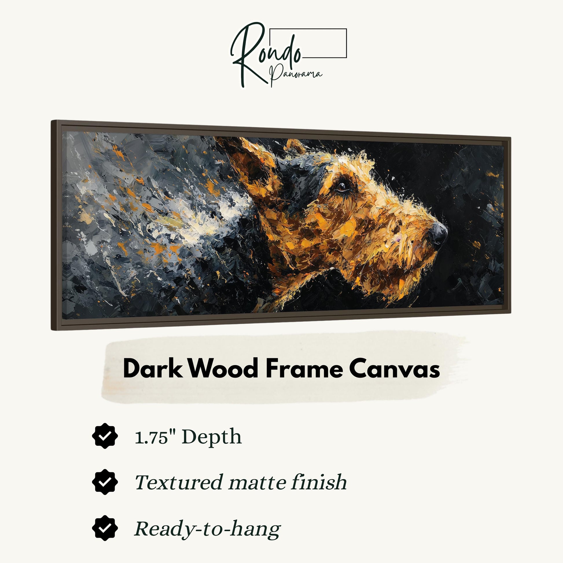 The image is a framed artwork depicting a close-up of a dog's head, with a dark wood frame.