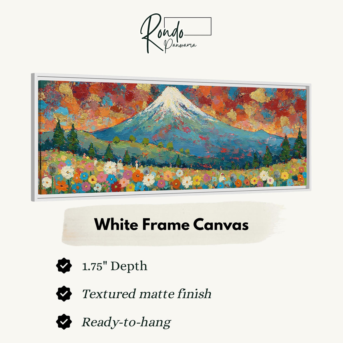 Mount Fuji above autumn trees and wildflowers canvas print in a white floating frame