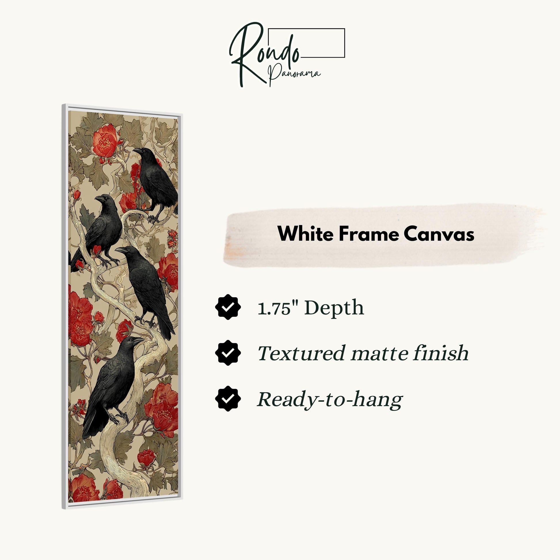 The image is a white frame canvas featuring a black crow perched on a branch with red flowers.