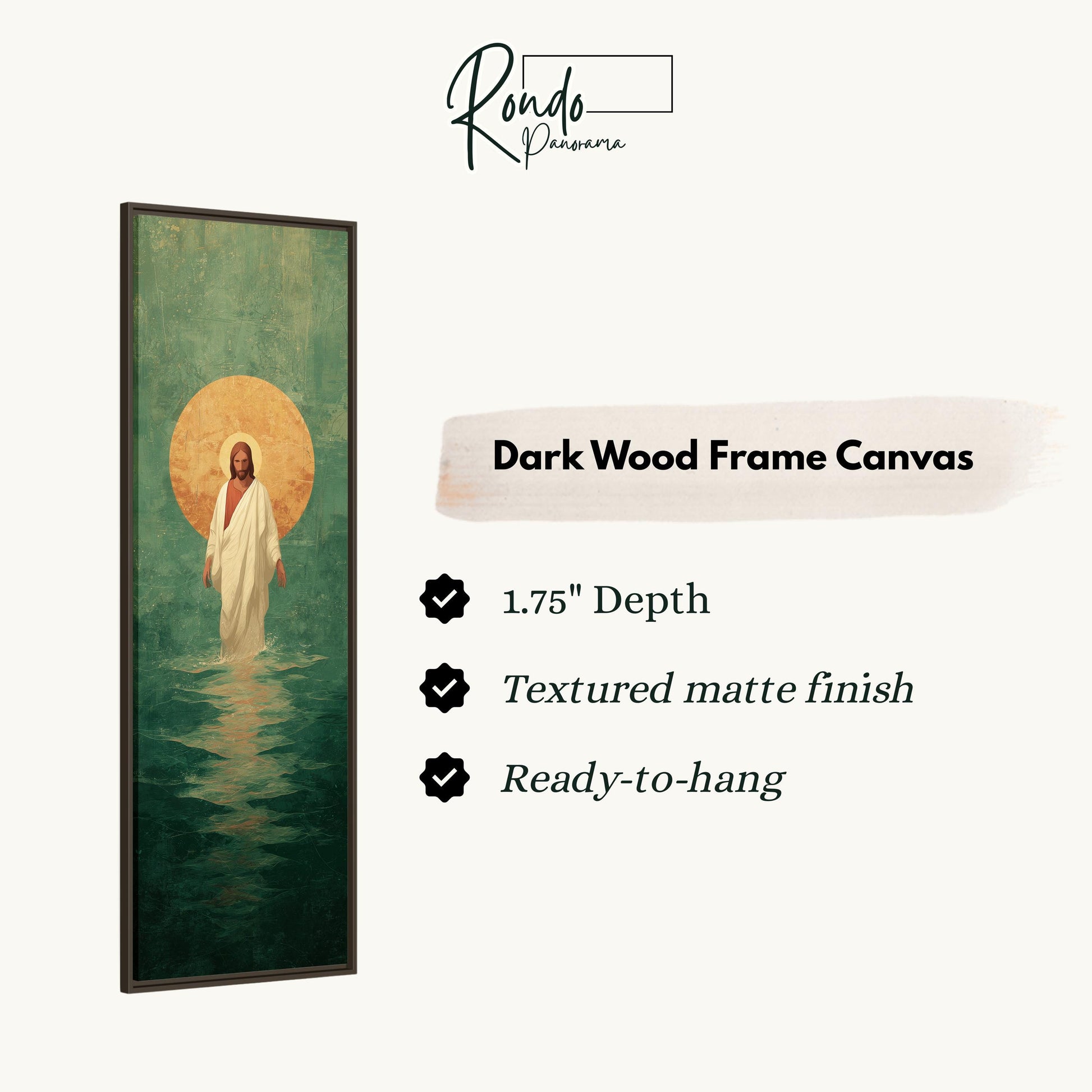 The image is a dark wood frame canvas depicting a painting of Jesus Christ in a greenish-blue background with a golden halo.