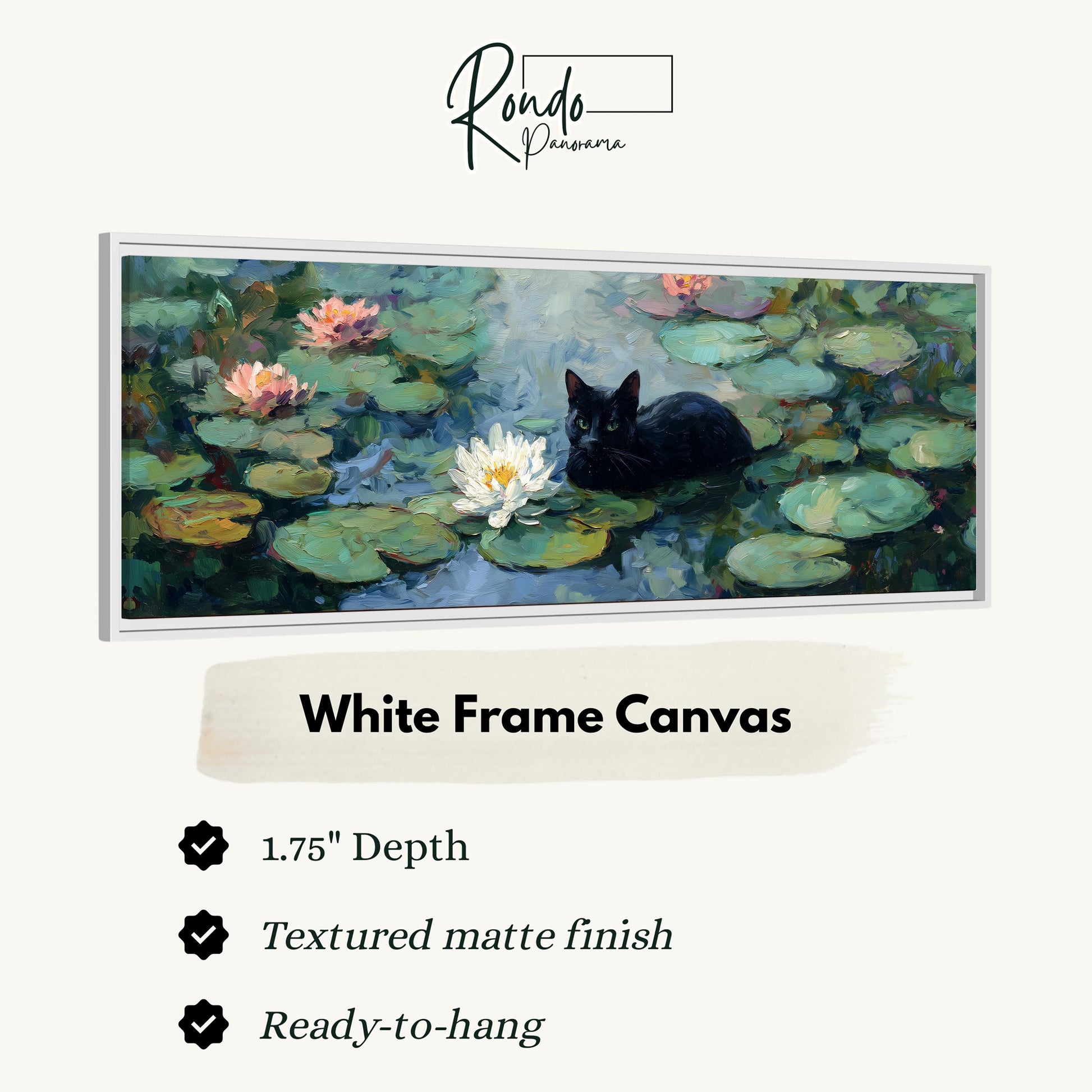 The image is a framed painting depicting a black cat sitting on lily pads in a pond with water lilies.